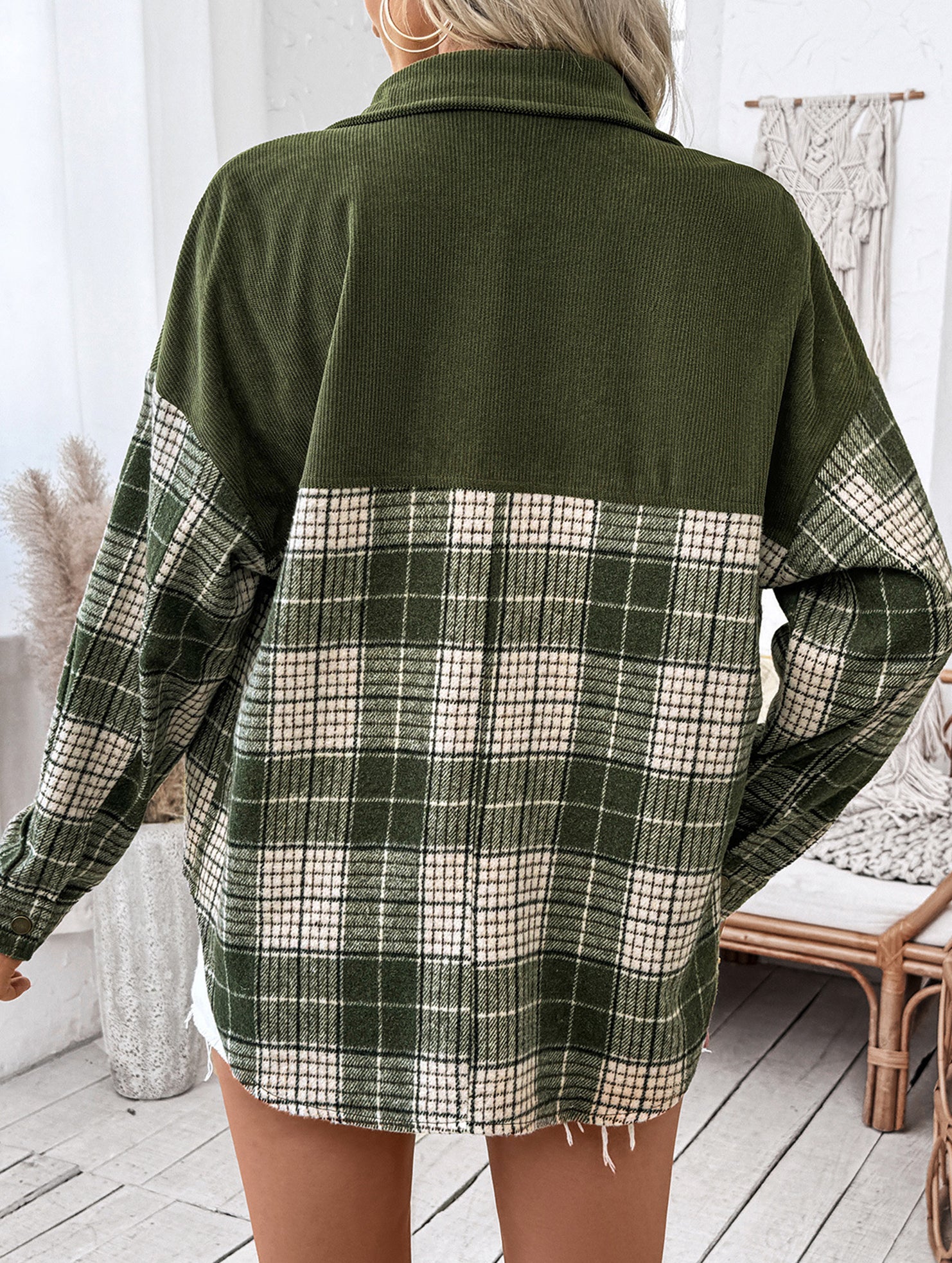 Plaid color-blocked shirt jacket