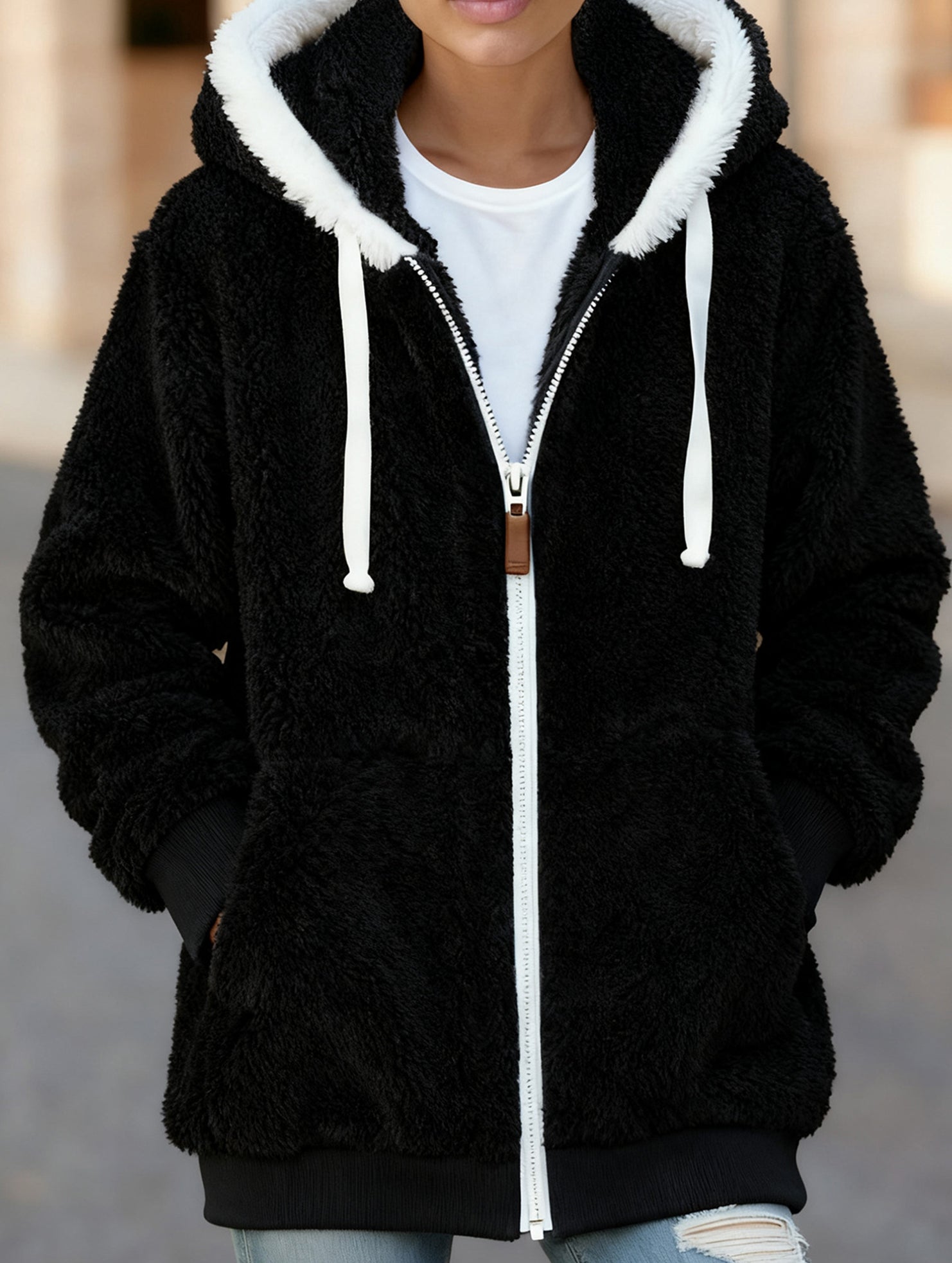 Solid color thick mid-length zip-up coat