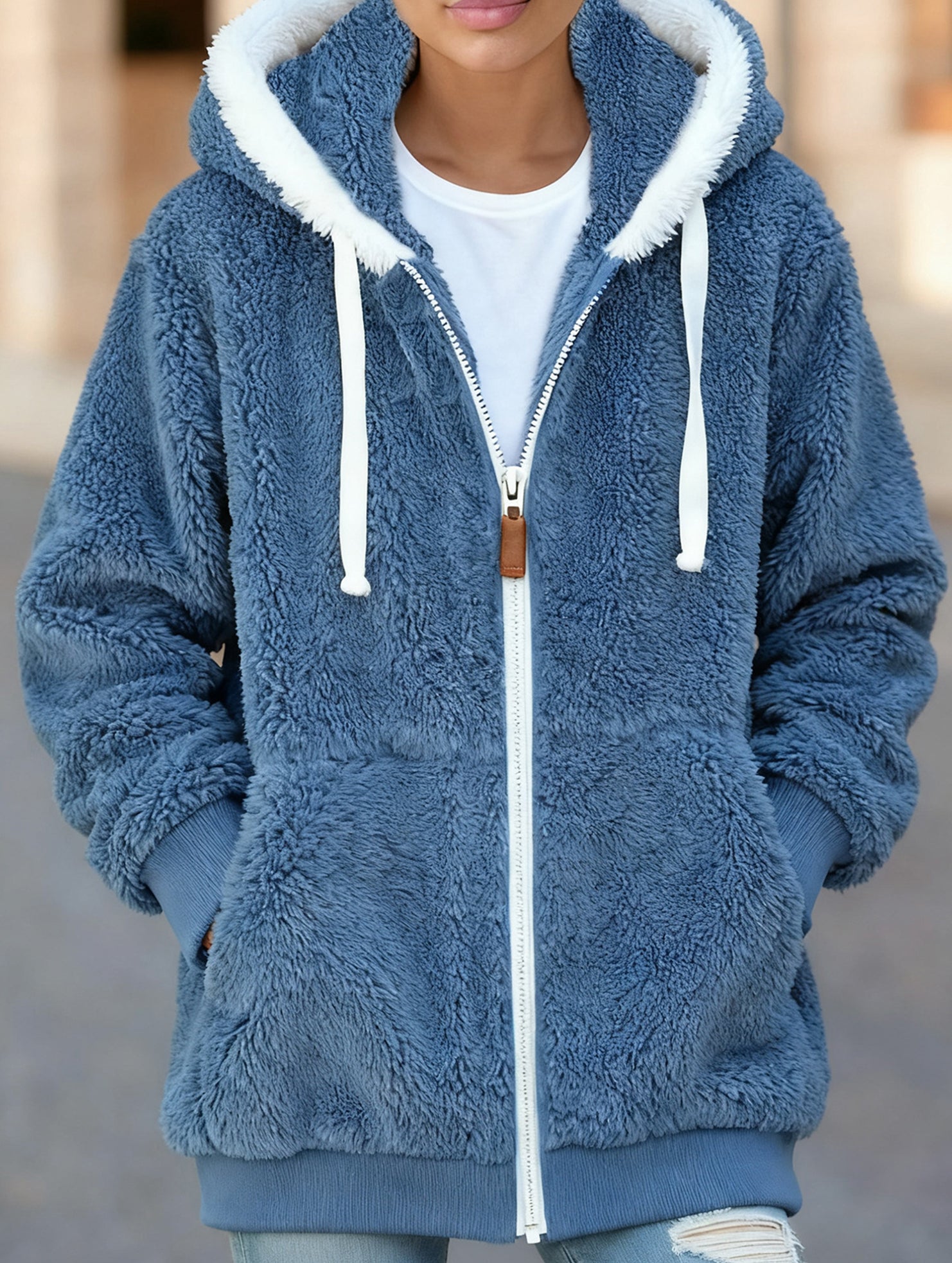 Solid color thick mid-length zip-up coat