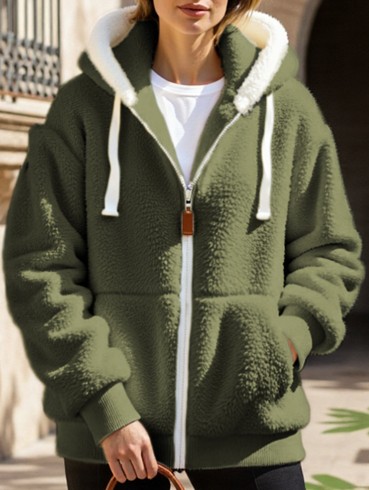 Solid color thick mid-length zip-up coat