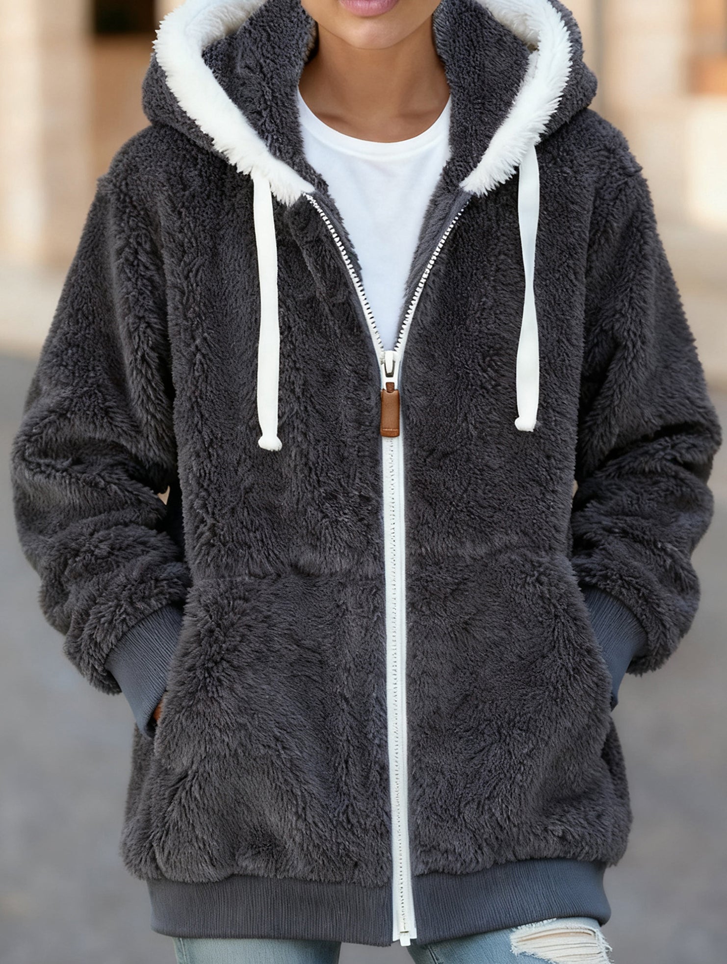 Solid color thick mid-length zip-up coat