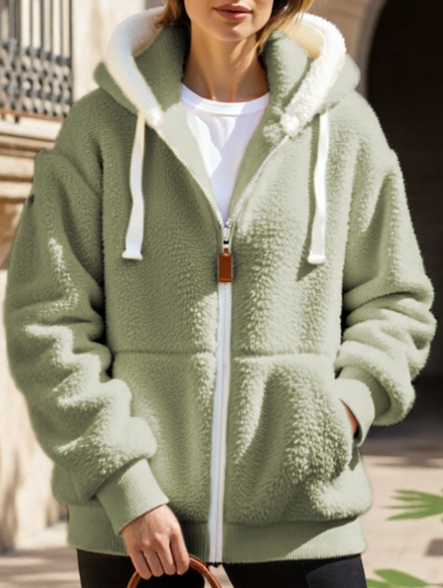 Solid color thick mid-length zip-up coat