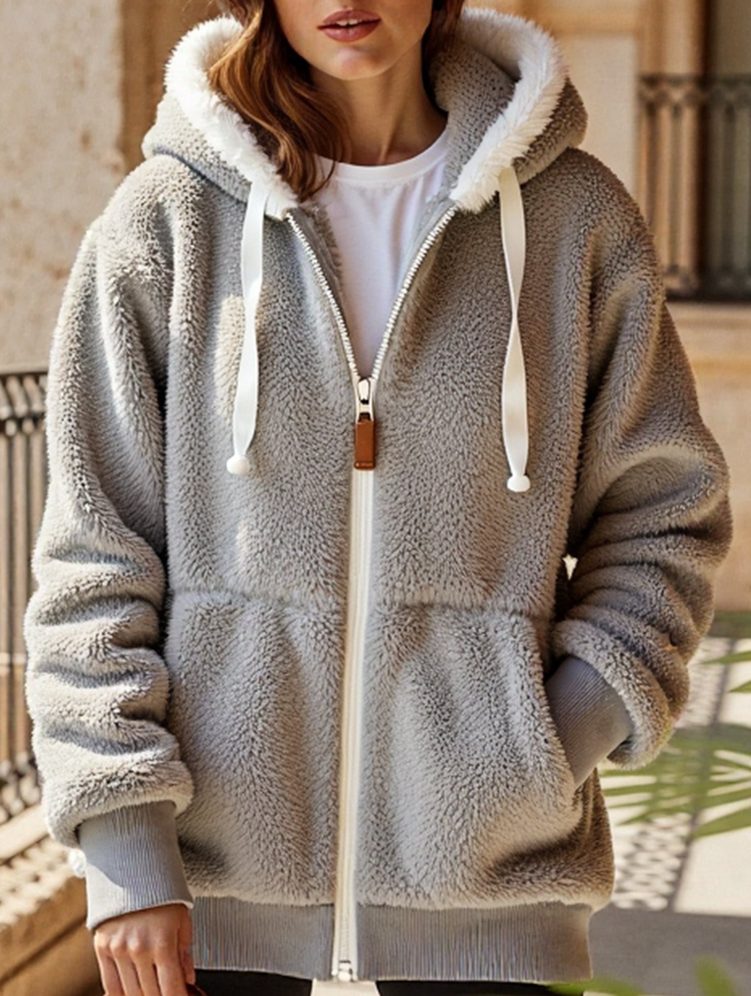 Solid color thick mid-length zip-up coat