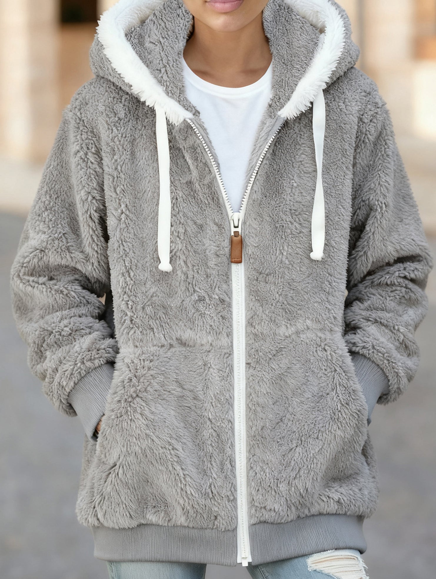 Solid color thick mid-length zip-up coat