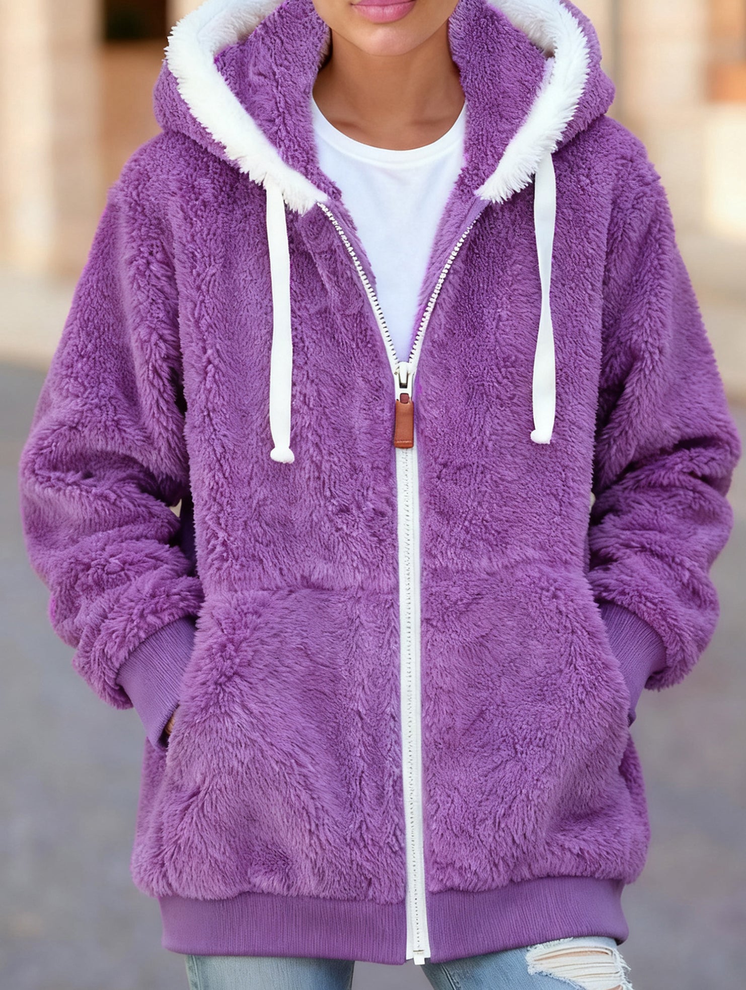 Solid color thick mid-length zip-up coat