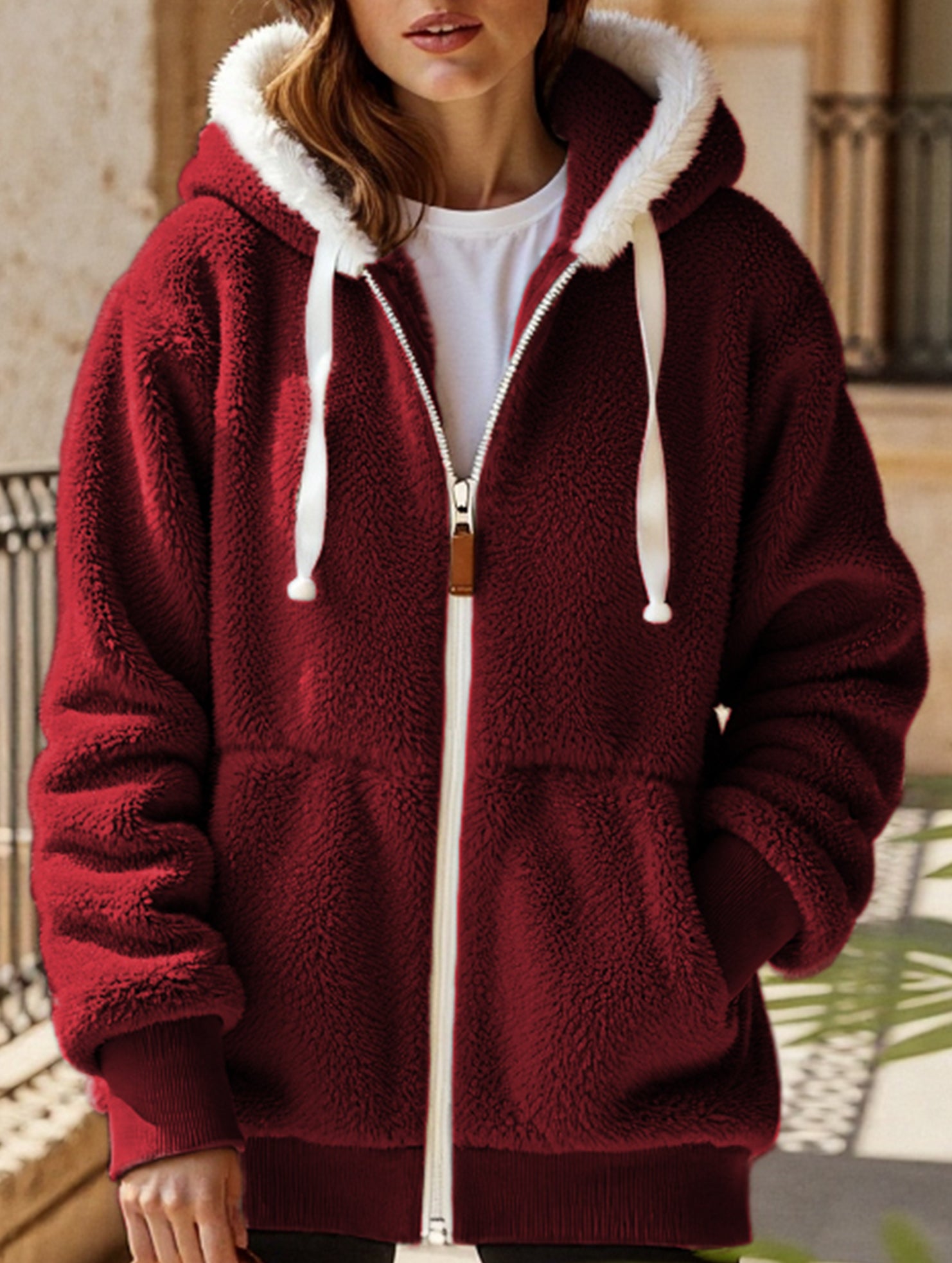 Solid color thick mid-length zip-up coat