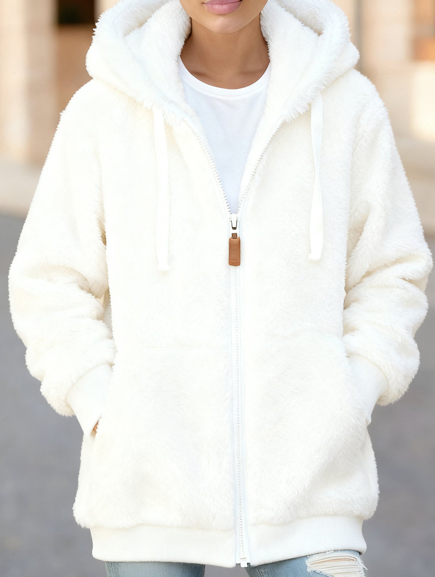 Solid color thick mid-length zip-up coat