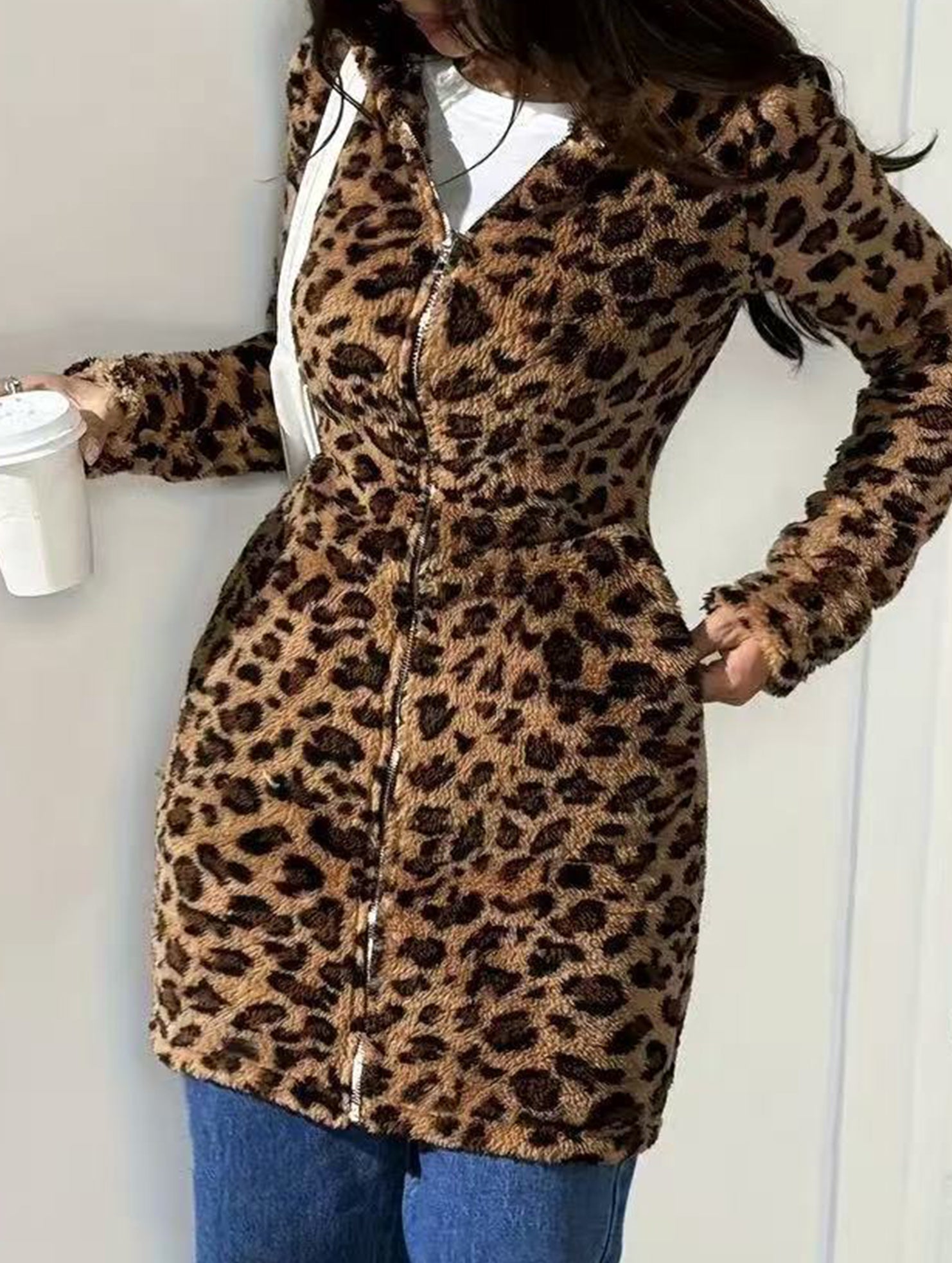 Leopard print hooded zip-up cardigan
