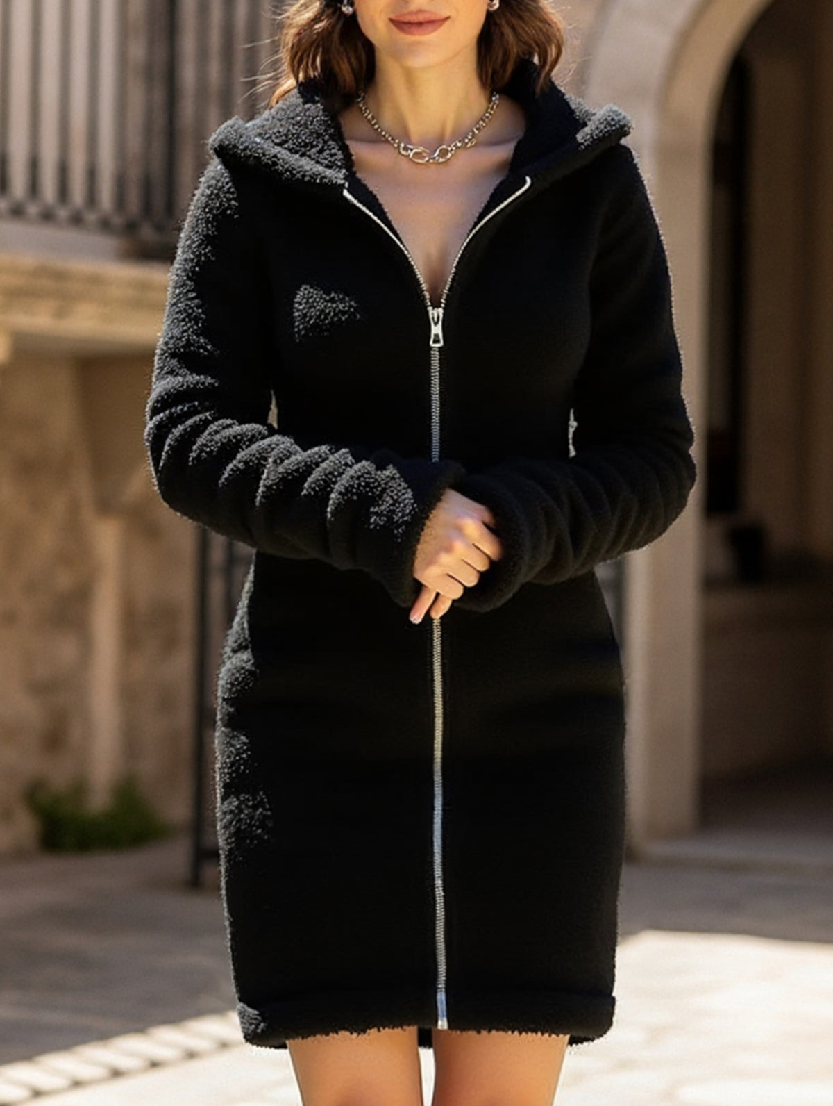 Solid color slim fit long hooded zip-up cardigan