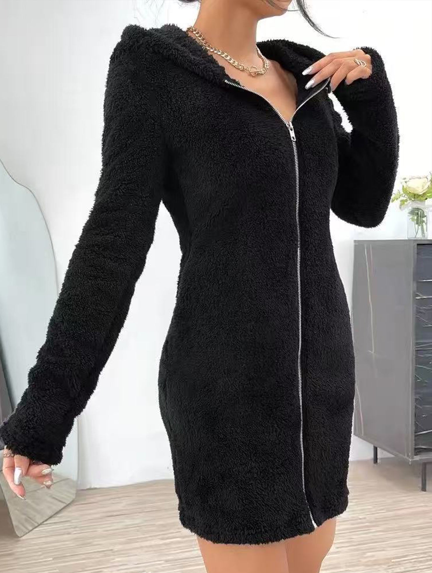 Solid color slim fit long hooded zip-up cardigan