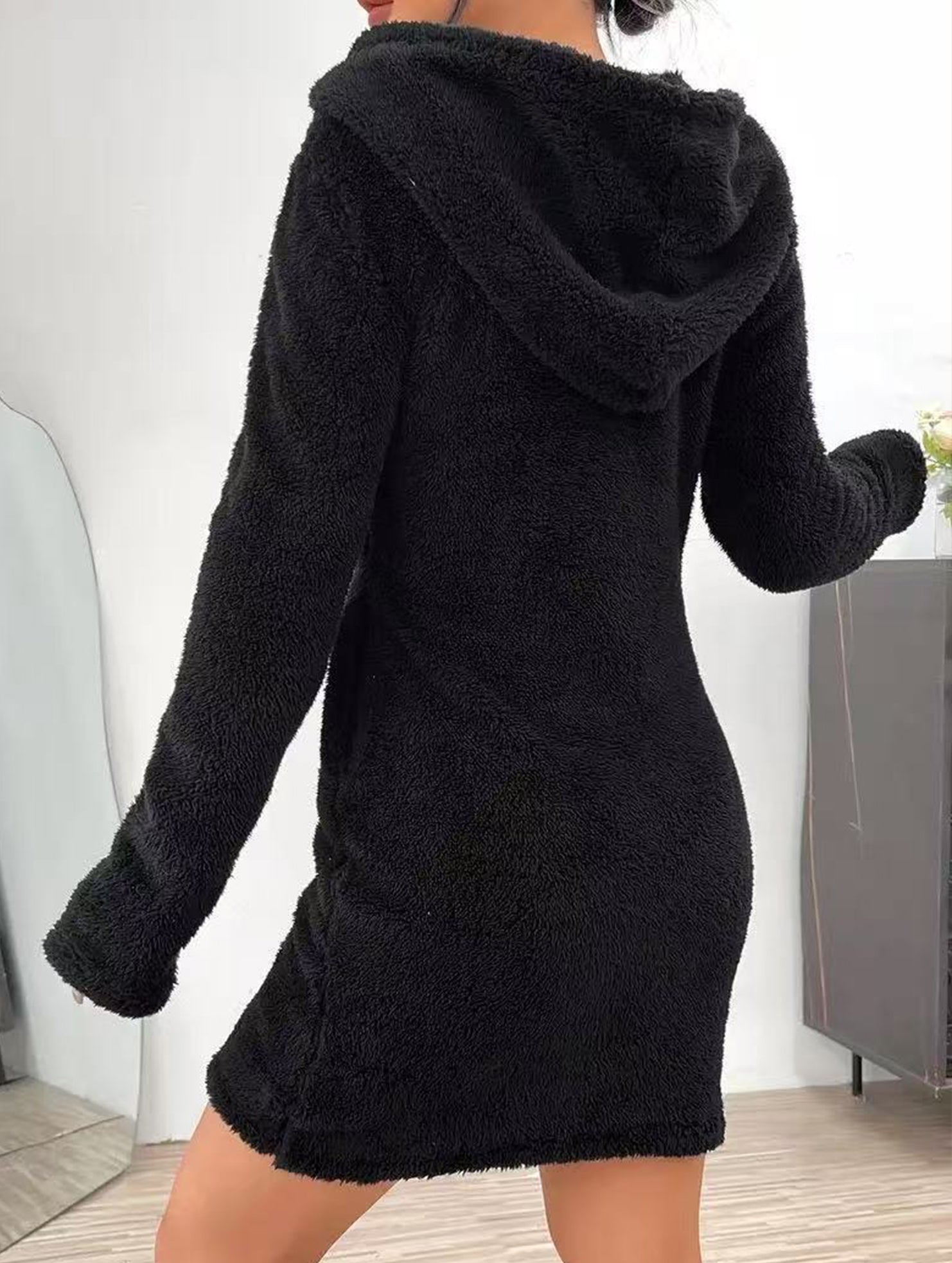 Solid color slim fit long hooded zip-up cardigan