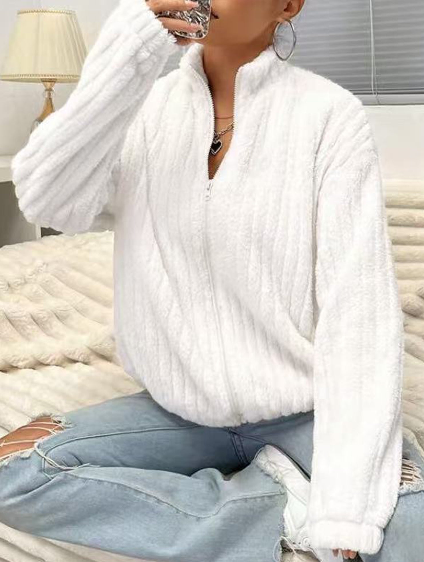 Solid color double-sided fleece zip-up cardigan