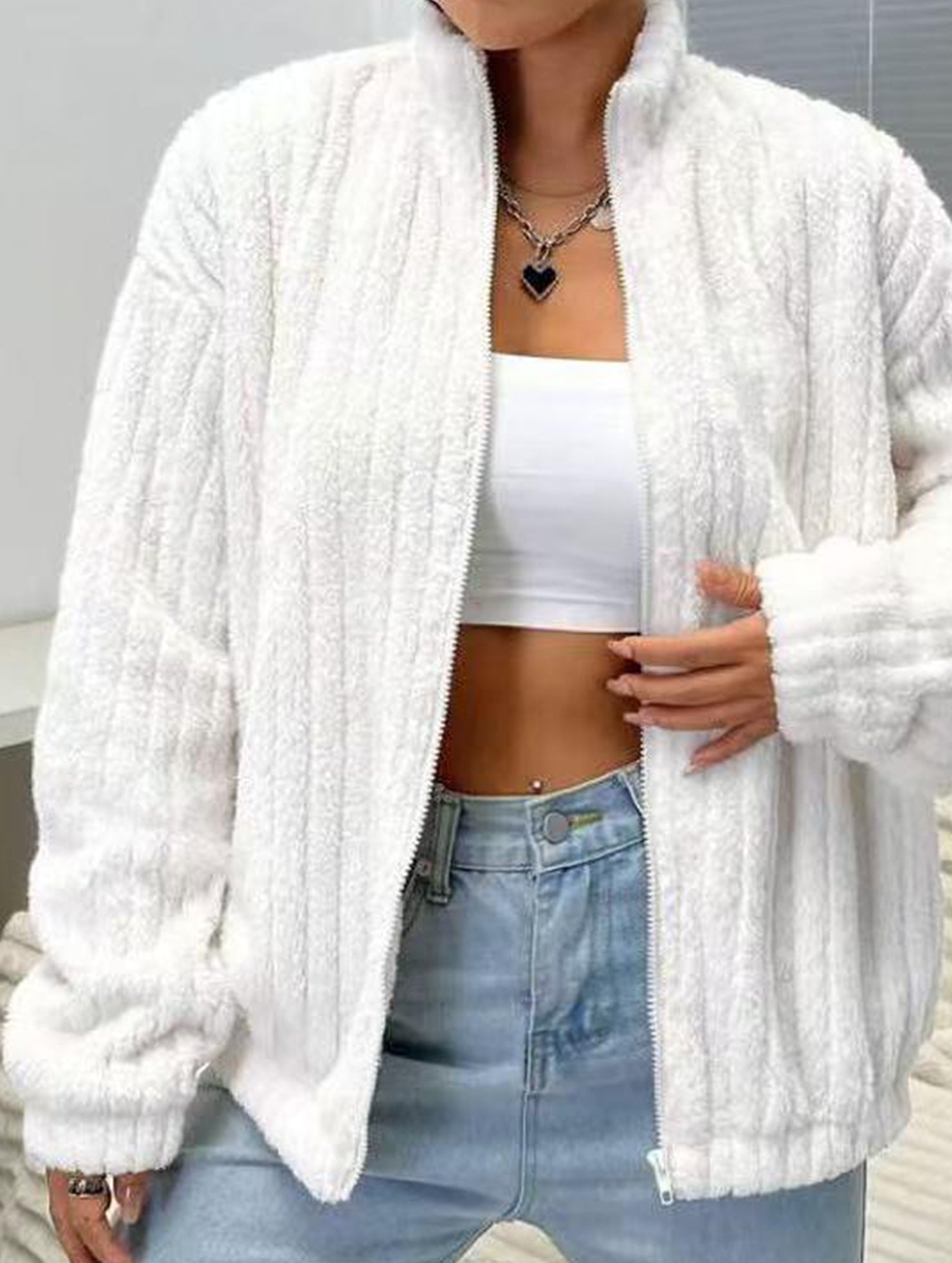 Solid color double-sided fleece zip-up cardigan