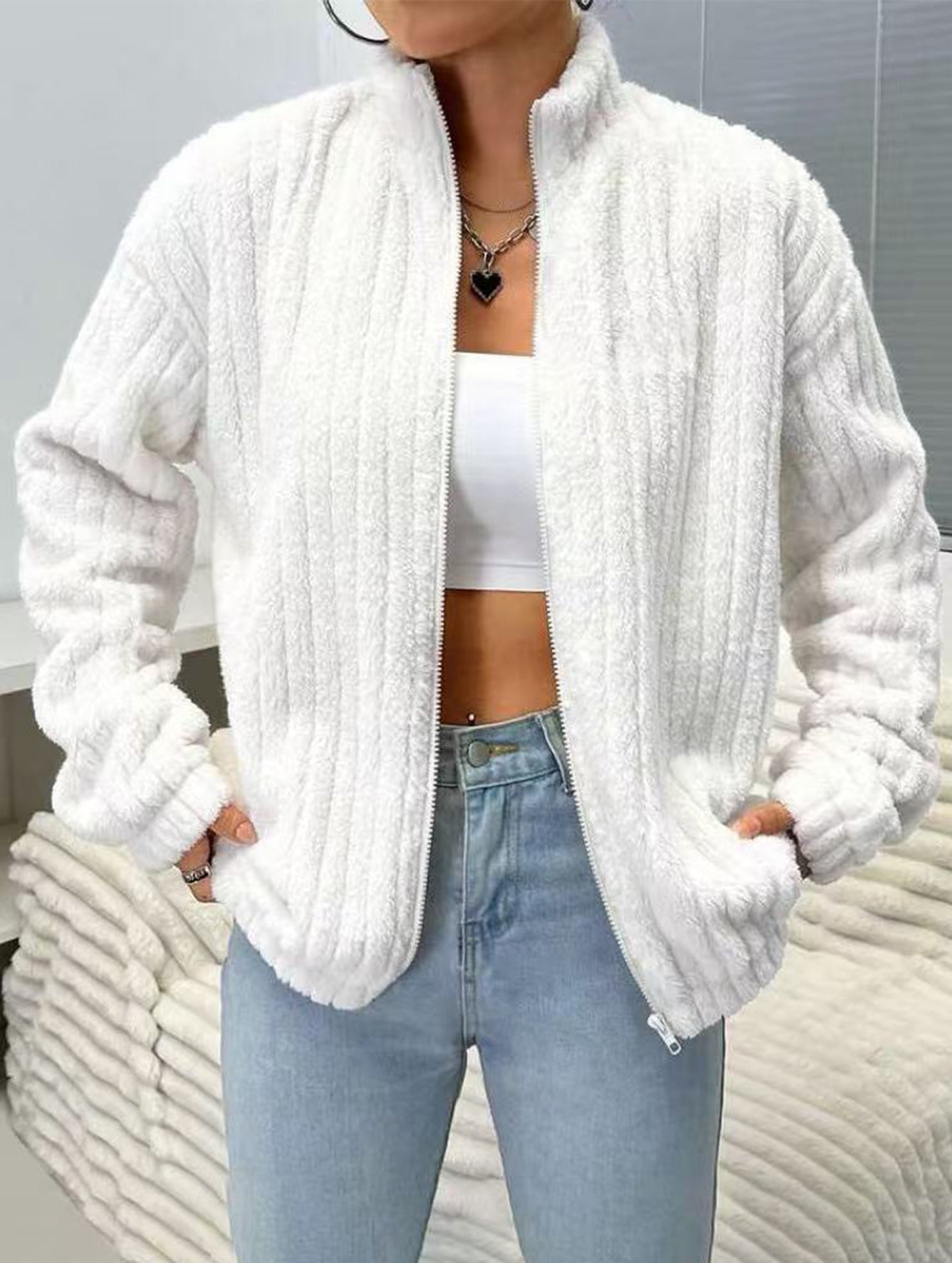 Solid color double-sided fleece zip-up cardigan