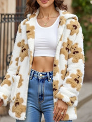 Printed double-sided fleece hooded zip-up cardigan