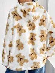 Printed double-sided fleece hooded zip-up cardigan