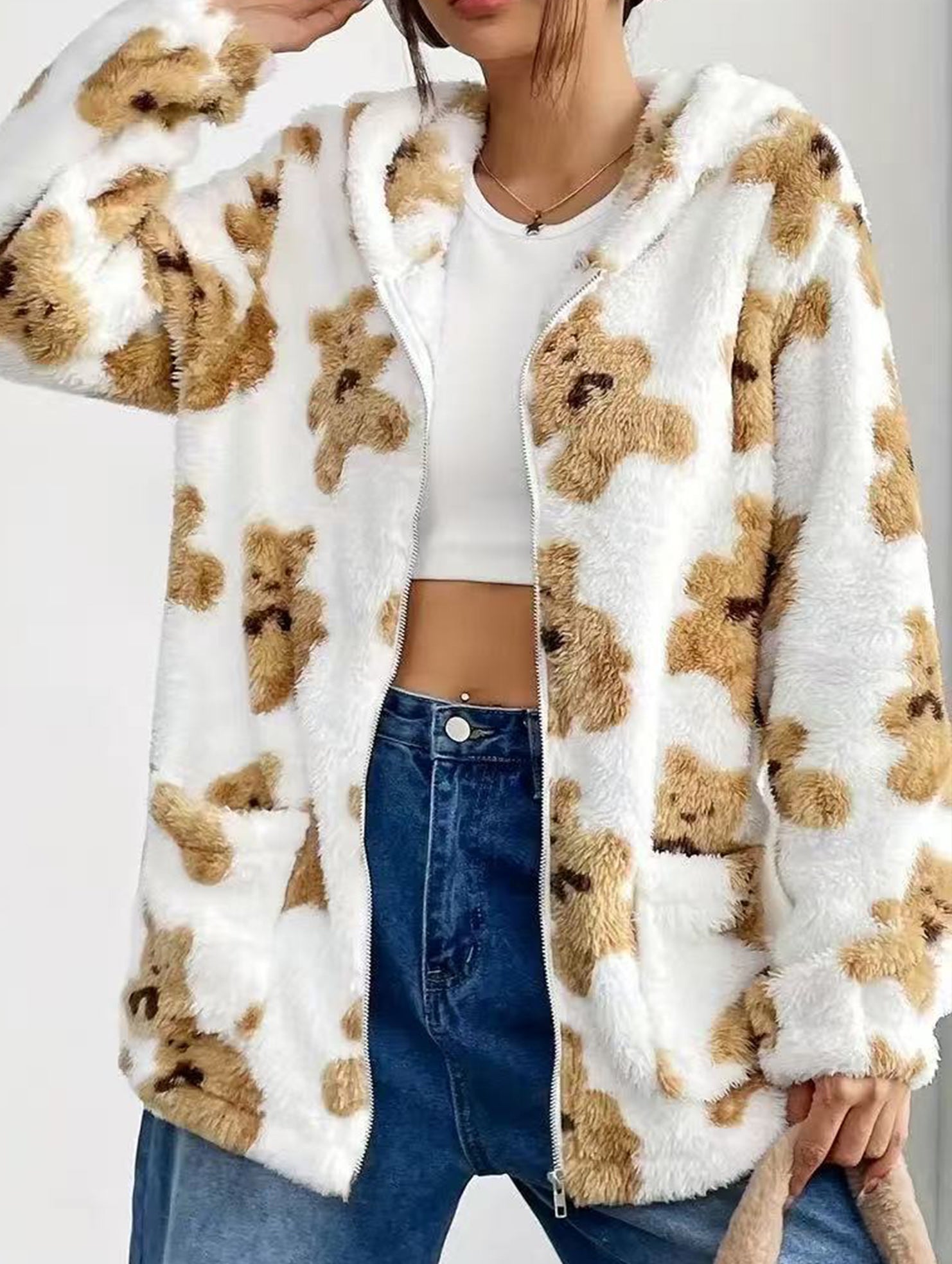 Printed double-sided fleece hooded zip-up cardigan