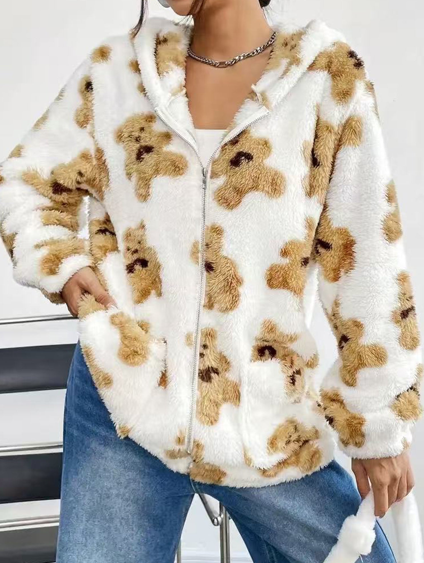 Printed double-sided fleece hooded zip-up cardigan