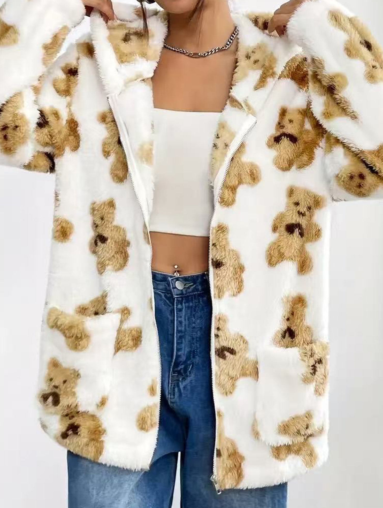 Printed double-sided fleece hooded zip-up cardigan