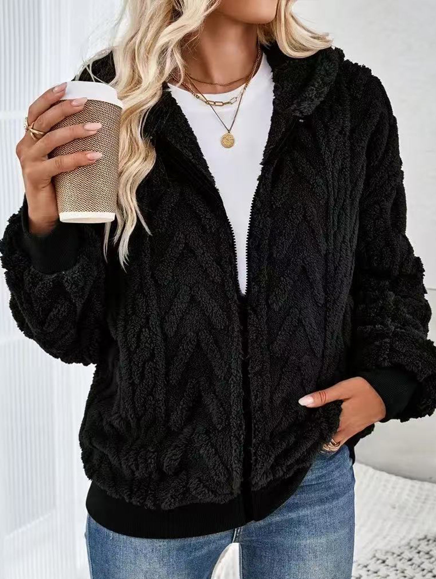 Casual double-sided fleece zip-up cardigan