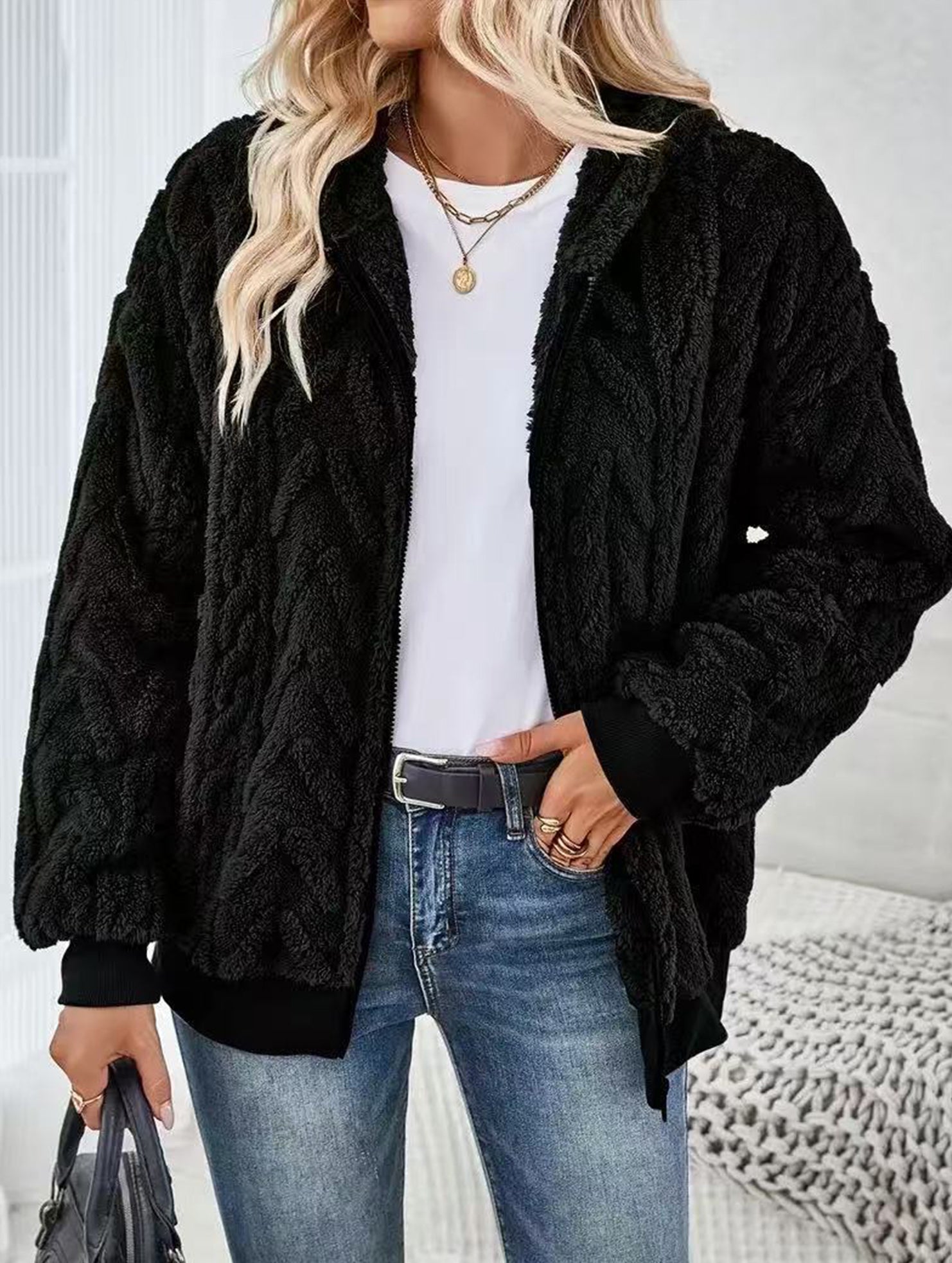 Casual double-sided fleece zip-up cardigan
