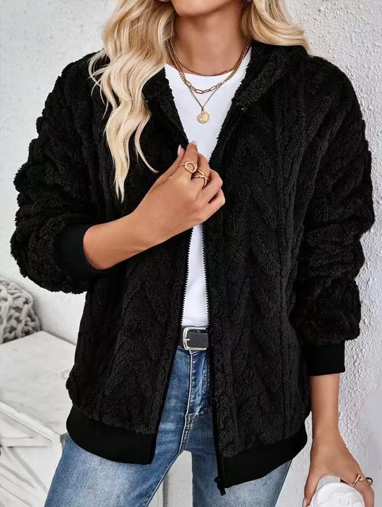 Casual double-sided fleece zip-up cardigan