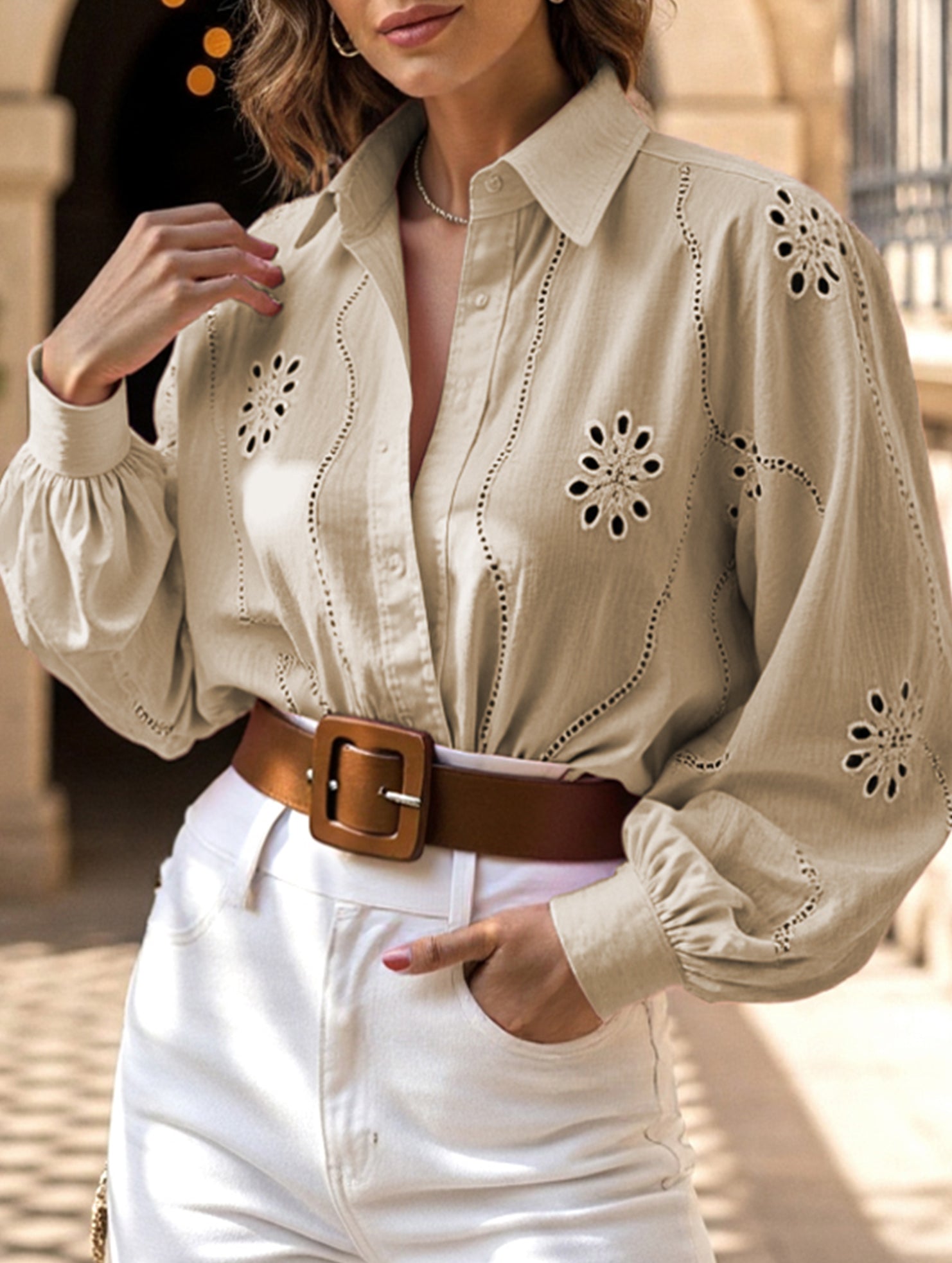 Fashionable openwork long-sleeved cardigan shirt
