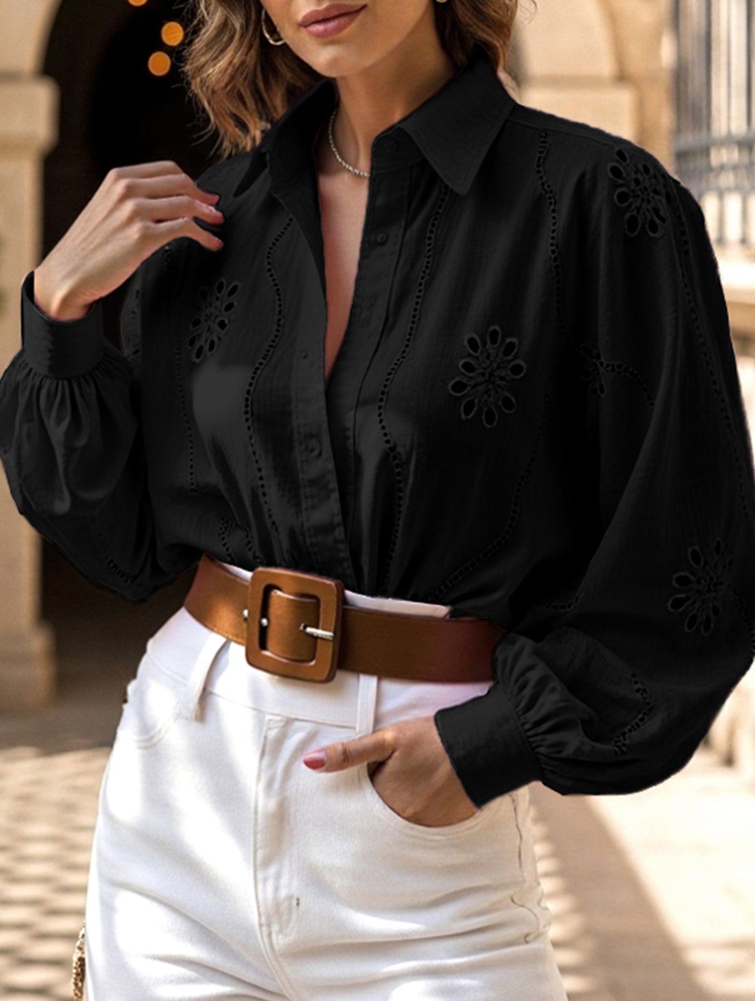 Fashionable openwork long-sleeved cardigan shirt
