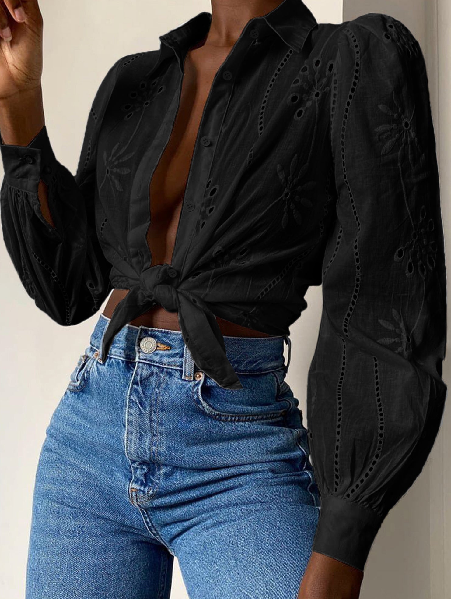 Fashionable openwork long-sleeved cardigan shirt