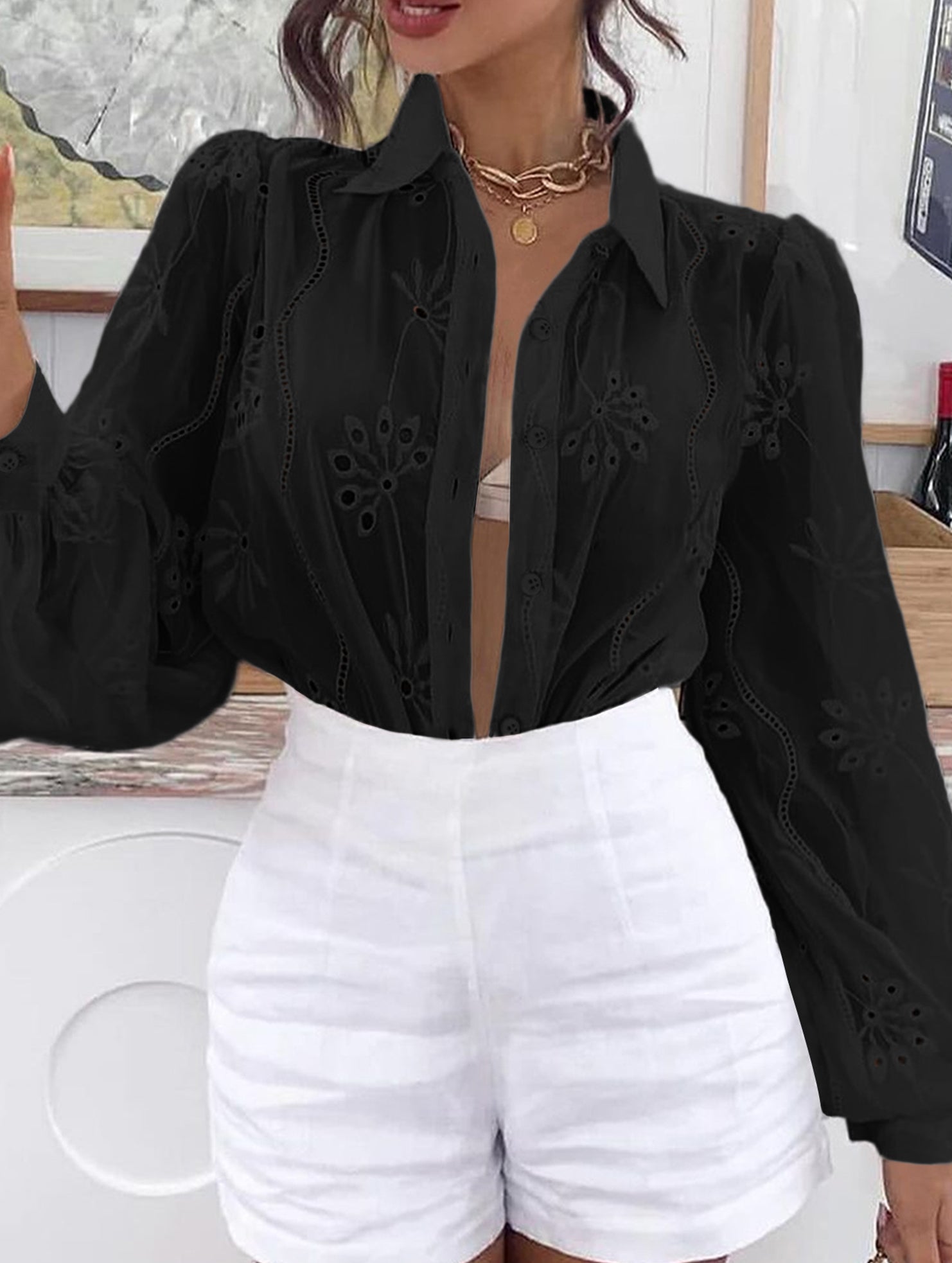 Fashionable openwork long-sleeved cardigan shirt