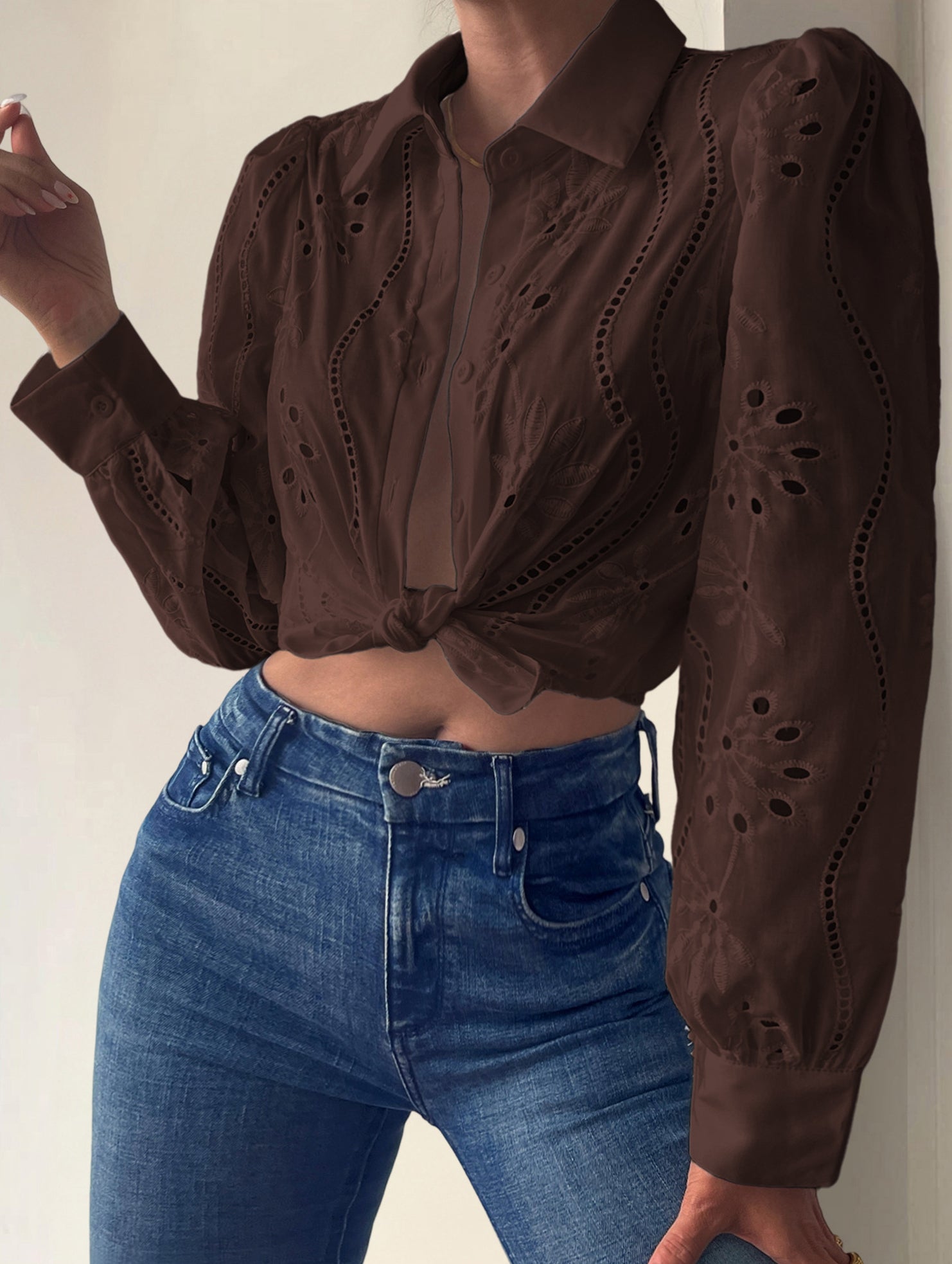 Fashionable openwork long-sleeved cardigan shirt