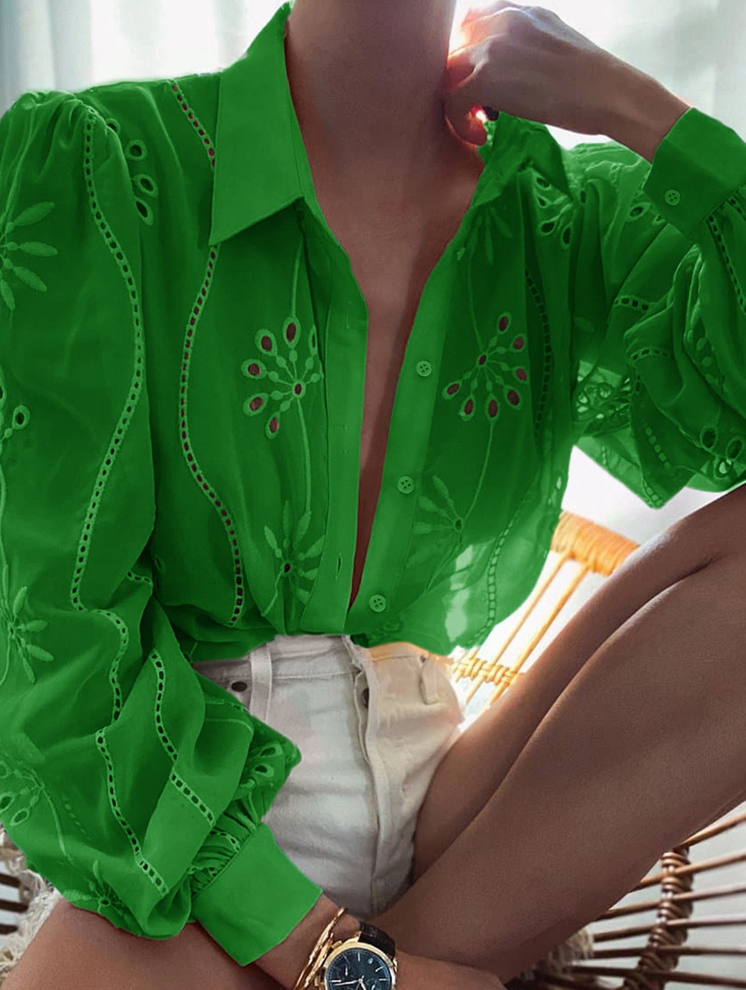 Fashionable openwork long-sleeved cardigan shirt