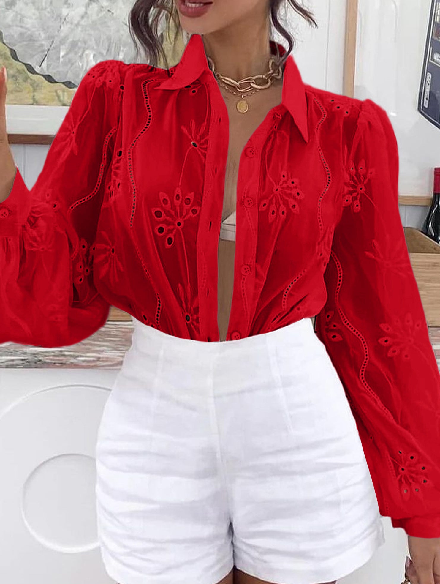 Fashionable openwork long-sleeved cardigan shirt