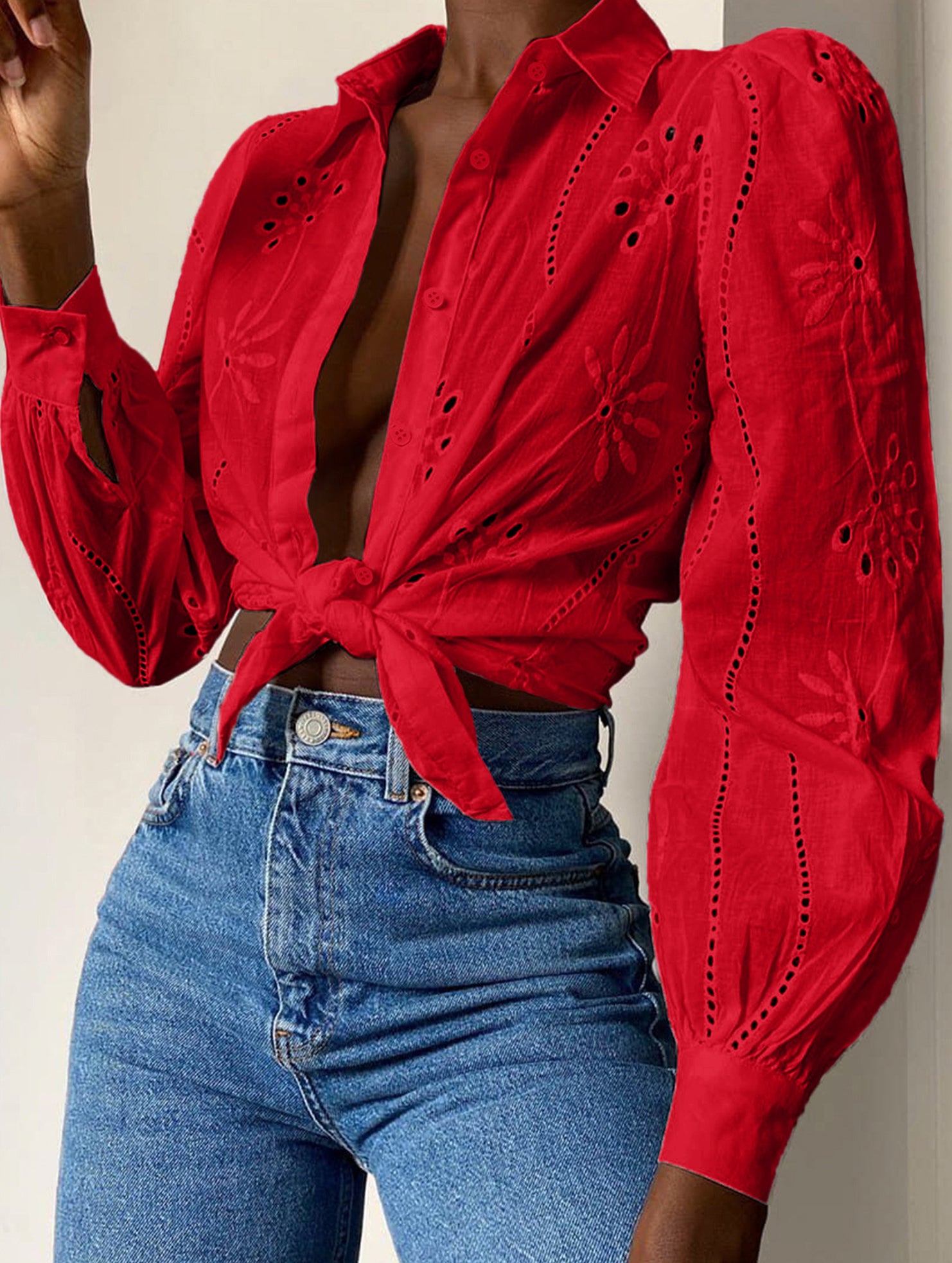 Fashionable openwork long-sleeved cardigan shirt