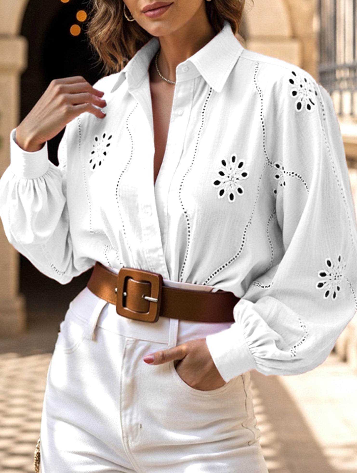 Fashionable openwork long-sleeved cardigan shirt