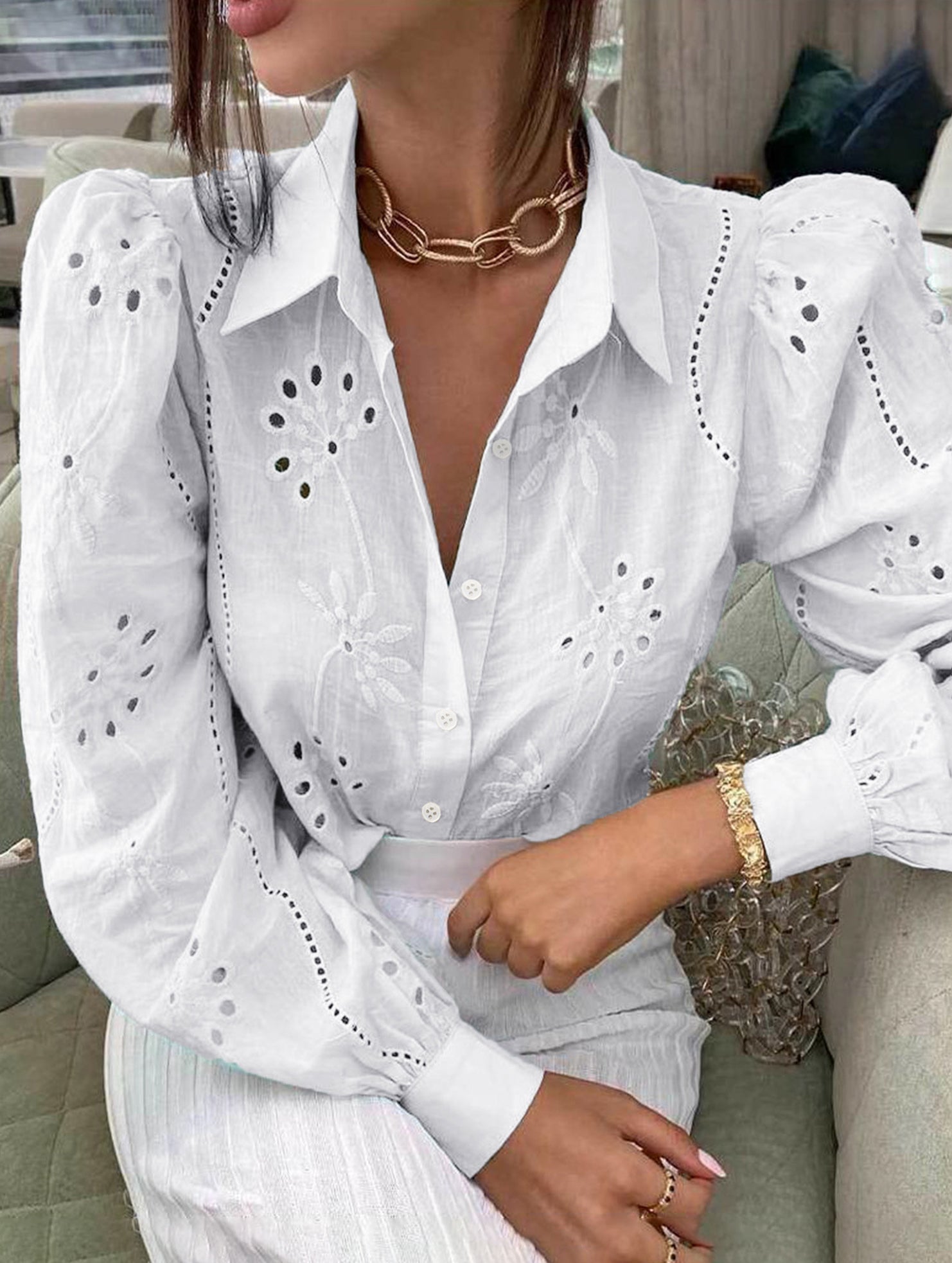 Fashionable openwork long-sleeved cardigan shirt