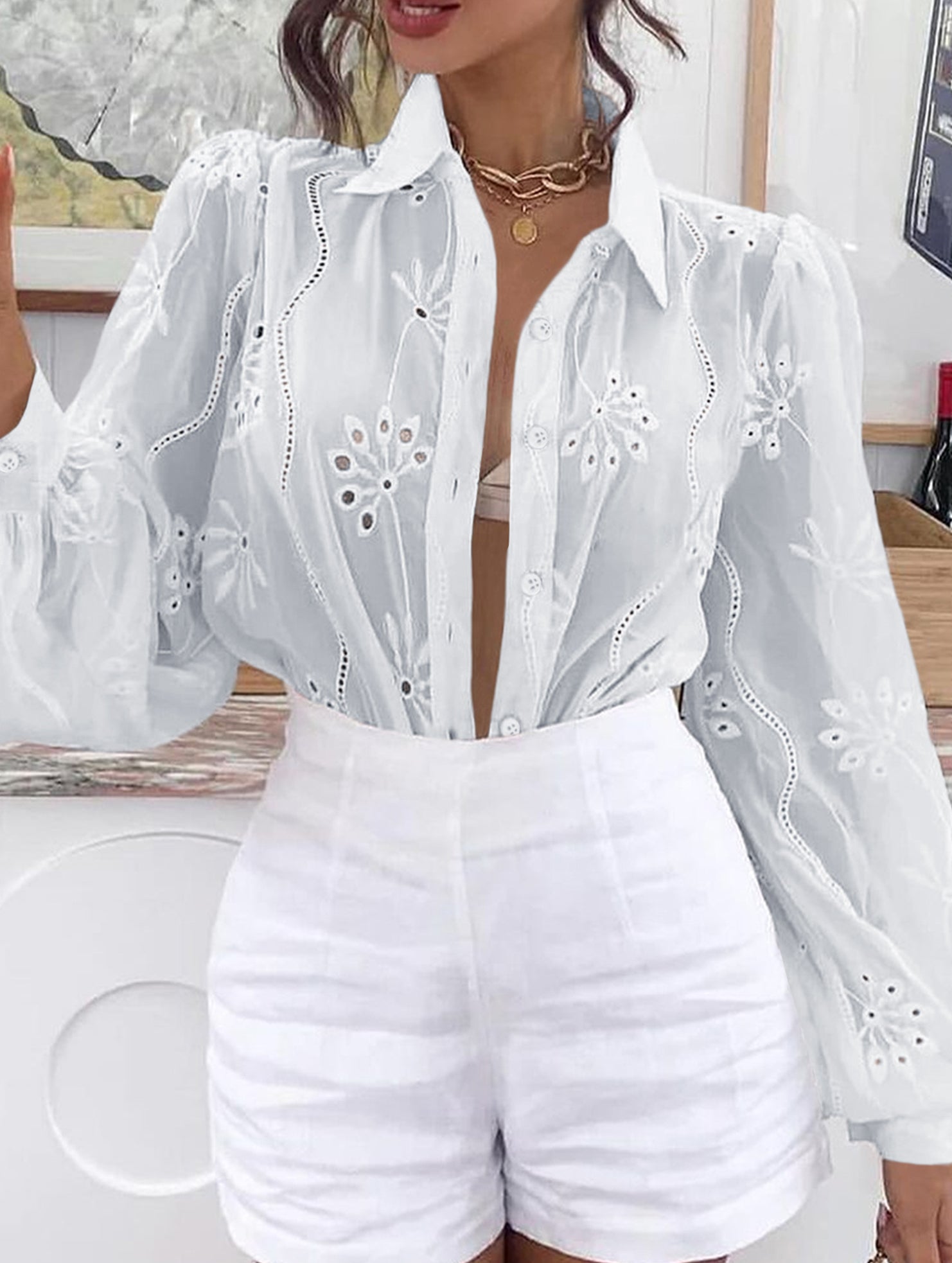 Fashionable openwork long-sleeved cardigan shirt