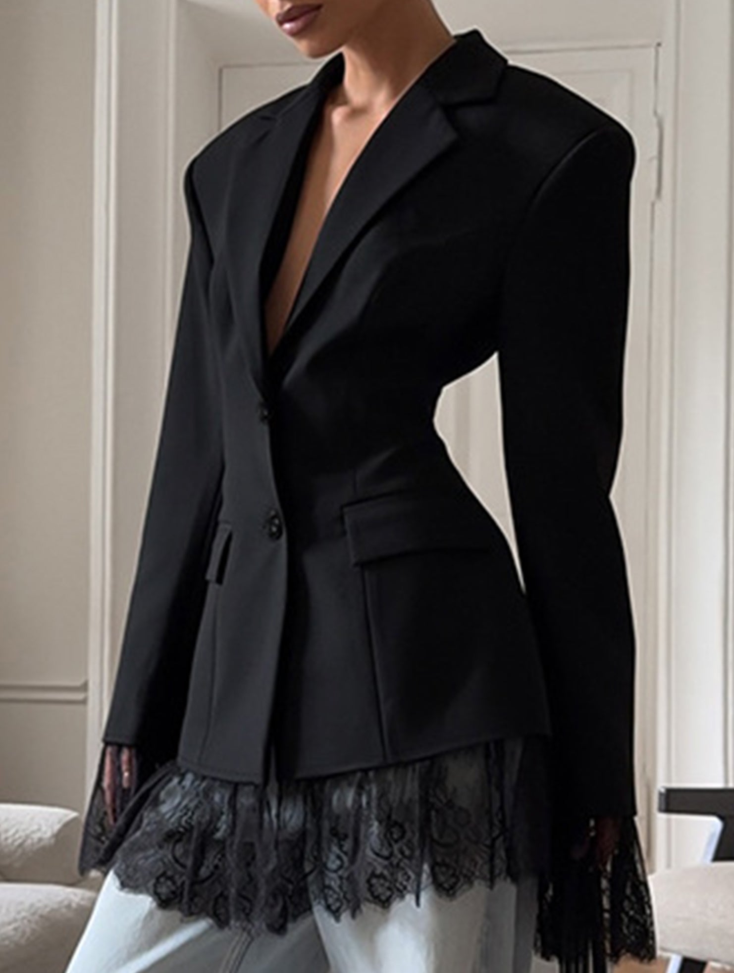 Versatile waist-cinching lace-trimmed suit jacket
