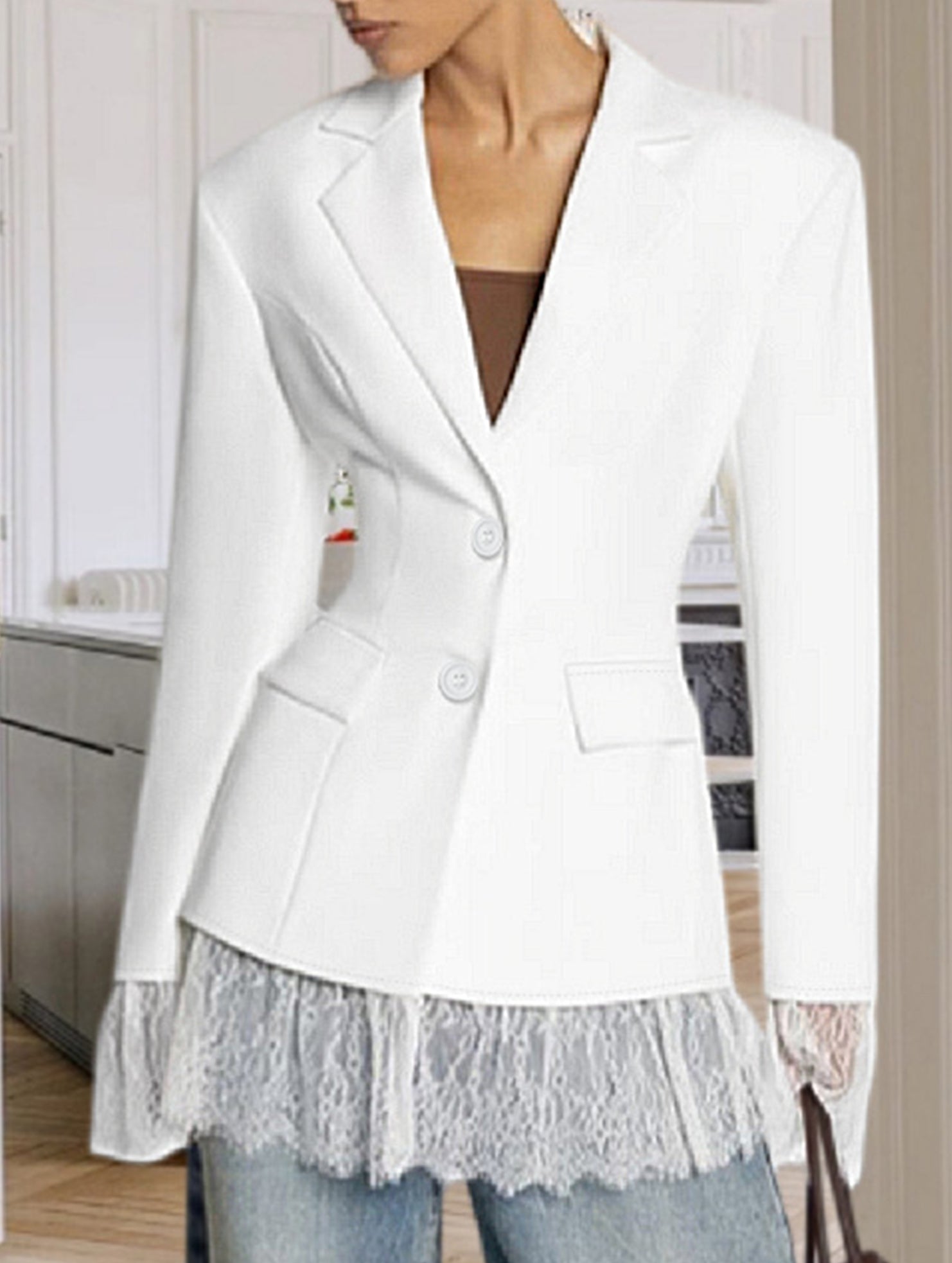 Versatile waist-cinching lace-trimmed suit jacket