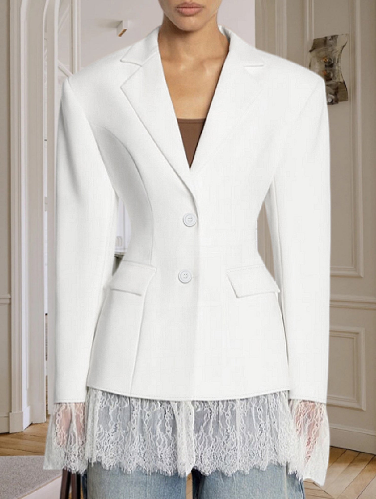 Versatile waist-cinching lace-trimmed suit jacket