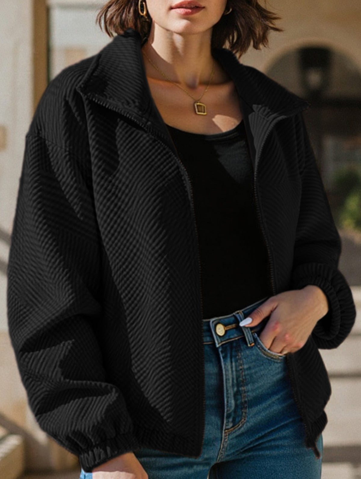 High-neck zip-up loose baseball jacket