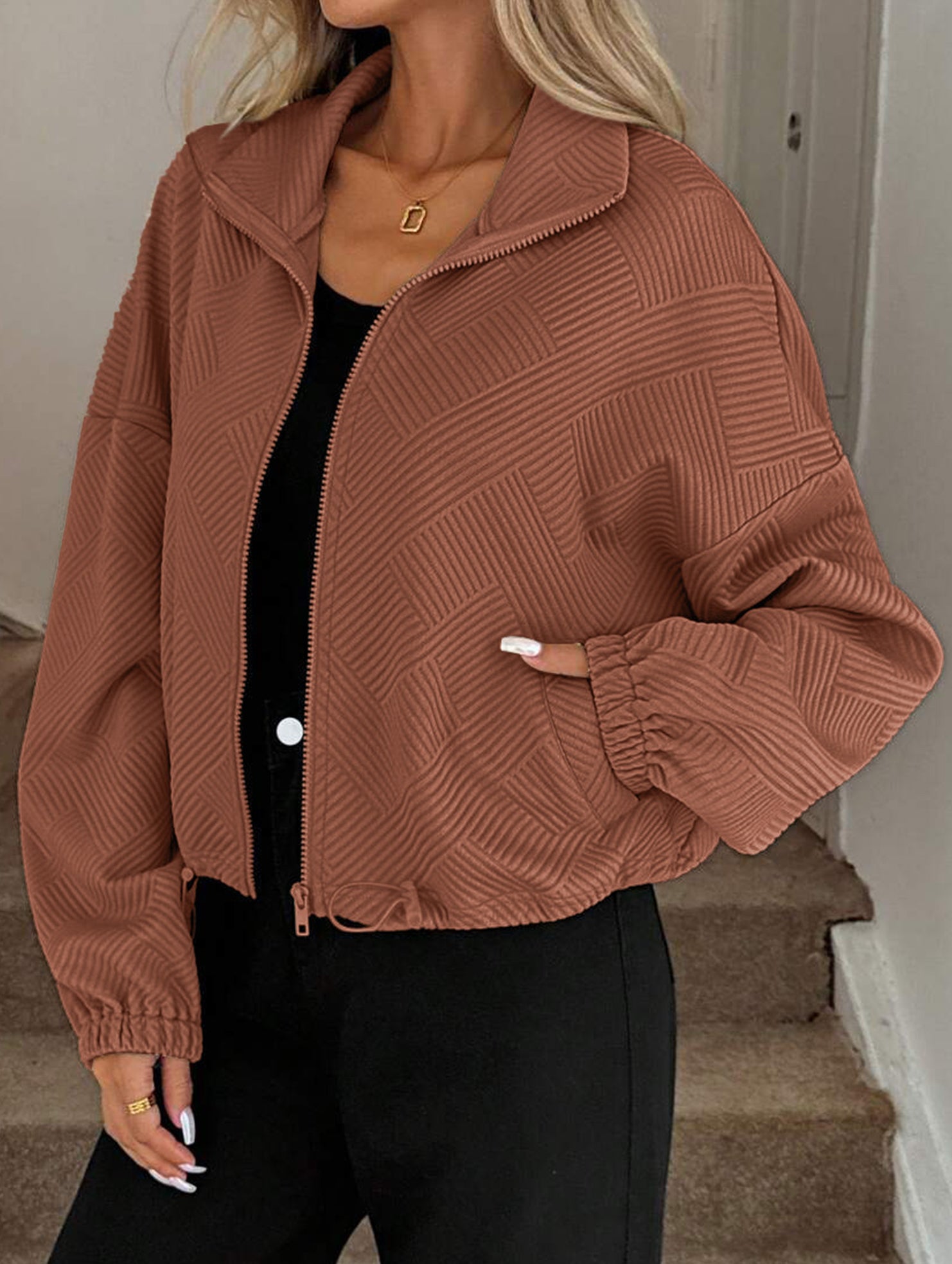 High-neck zip-up loose baseball jacket