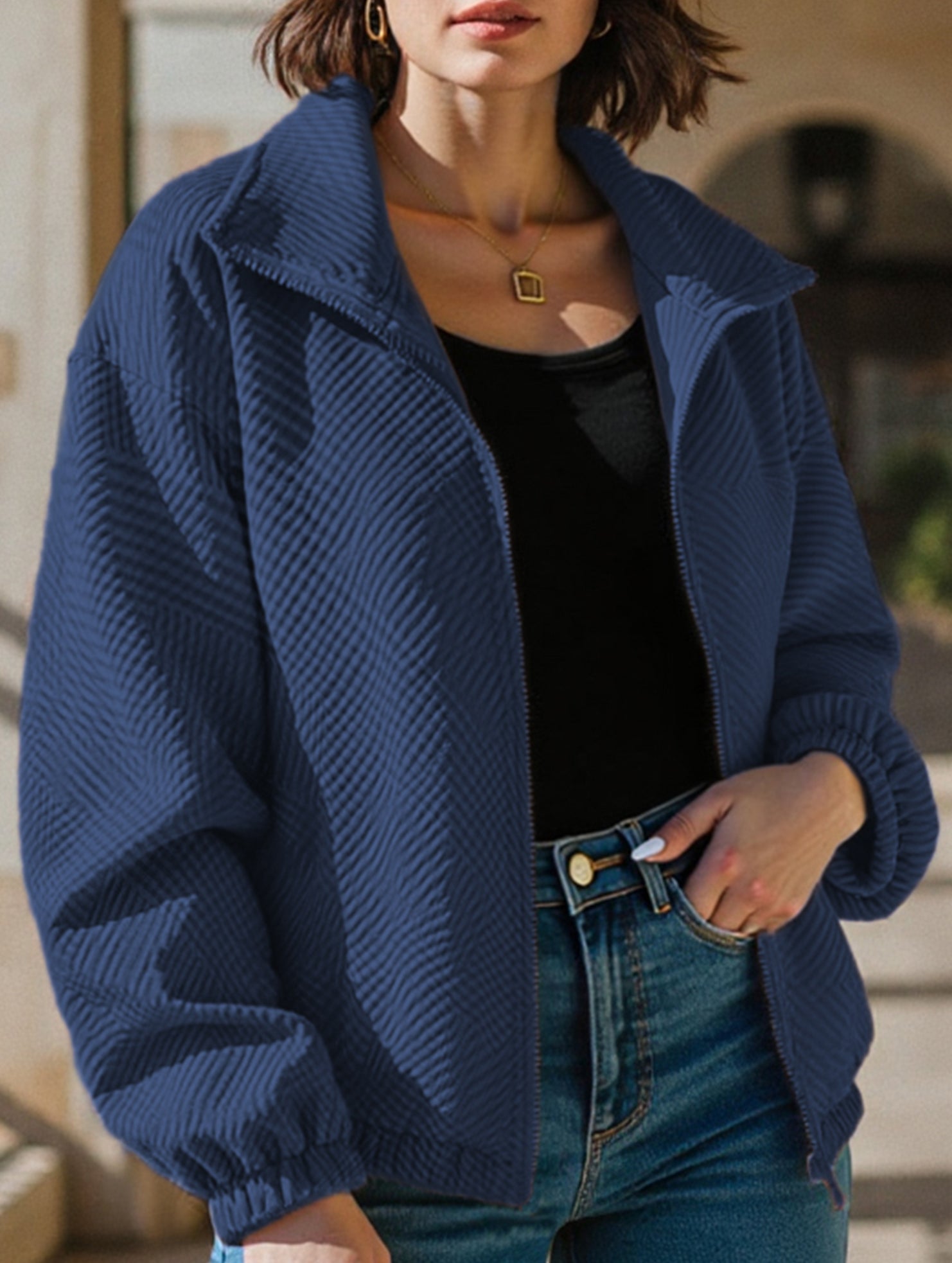 High-neck zip-up loose baseball jacket