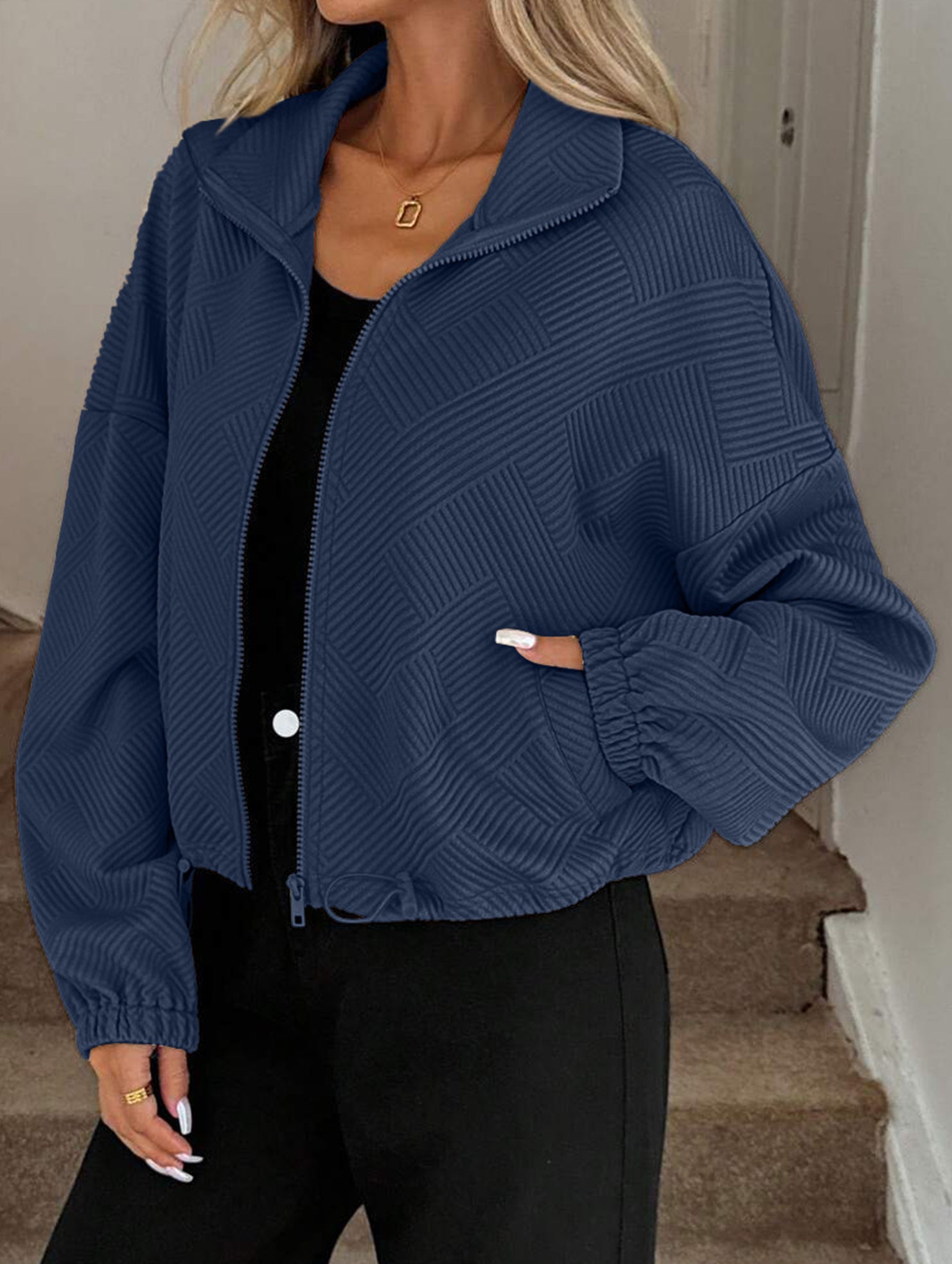 High-neck zip-up loose baseball jacket