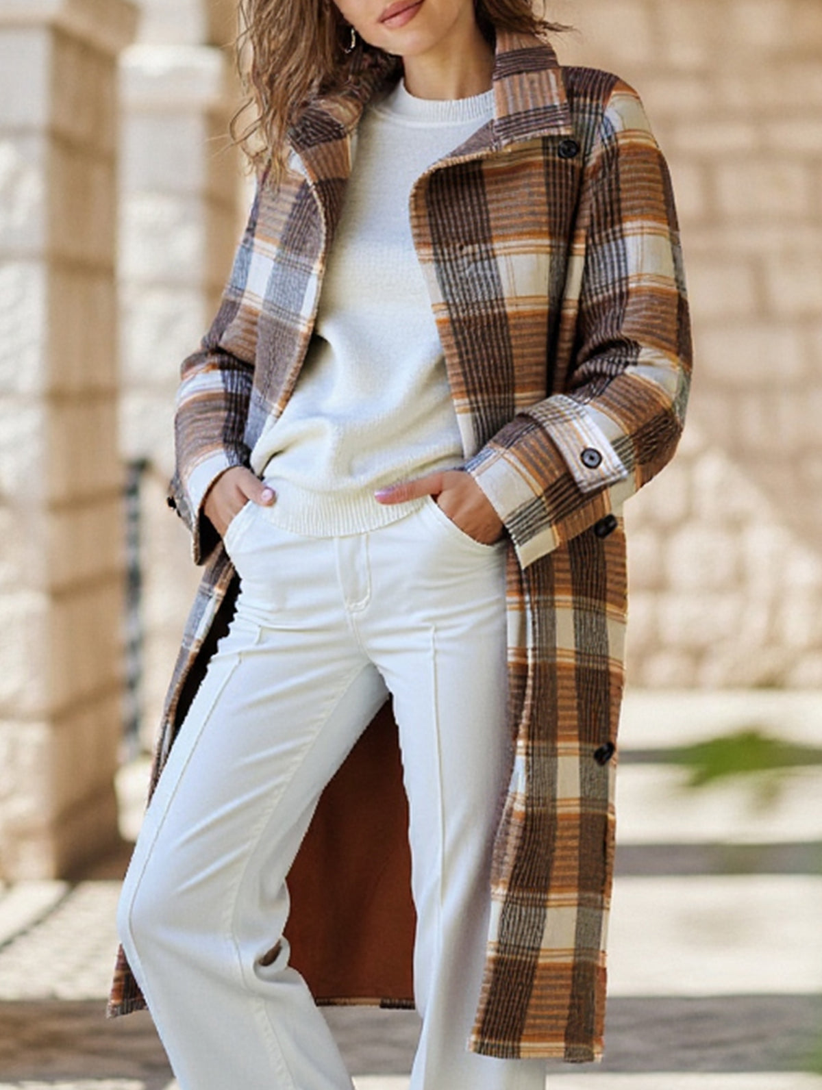 belted waist color-blocked plaid coat