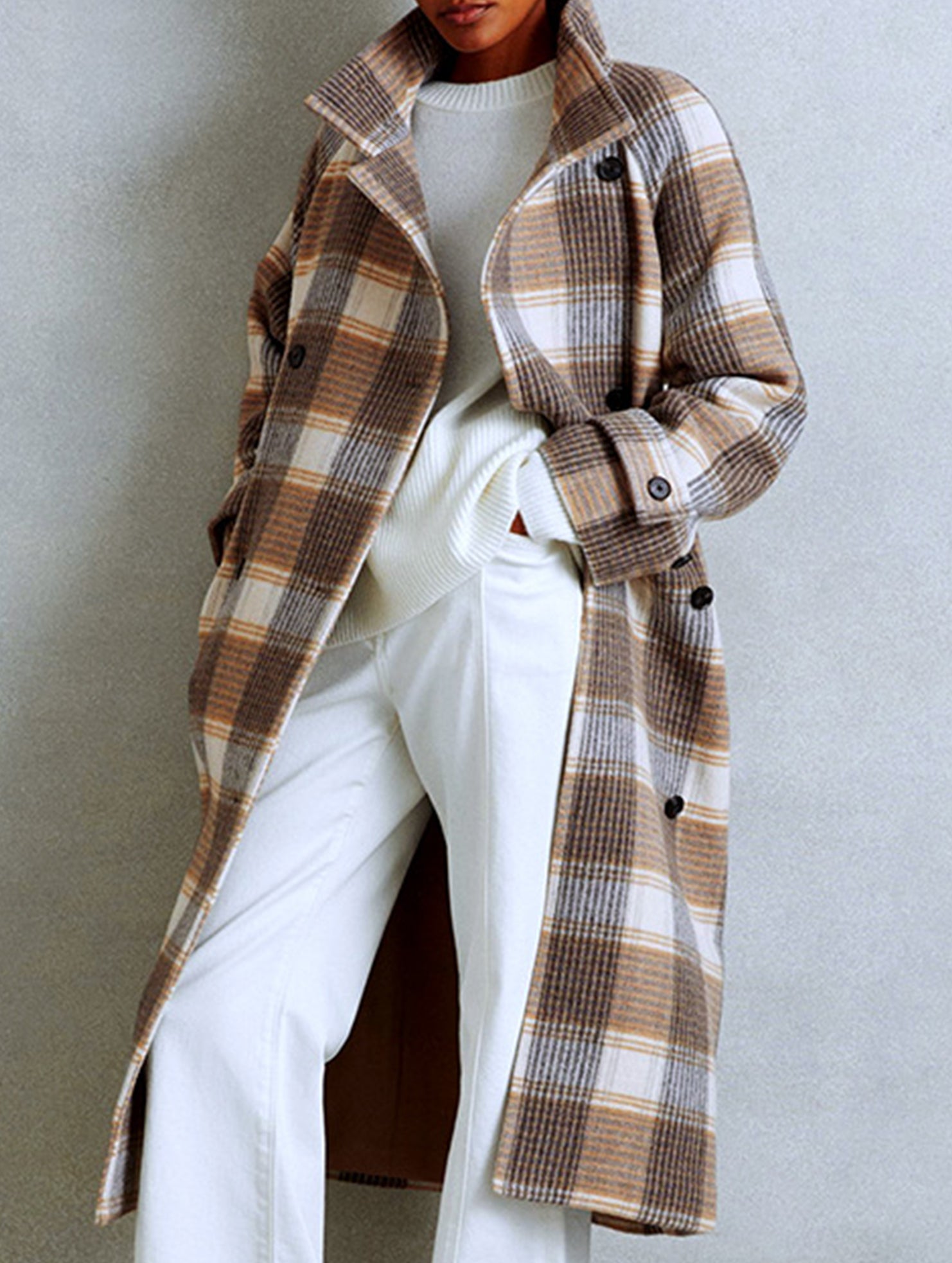 belted waist color-blocked plaid coat