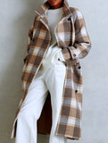 belted waist color-blocked plaid coat