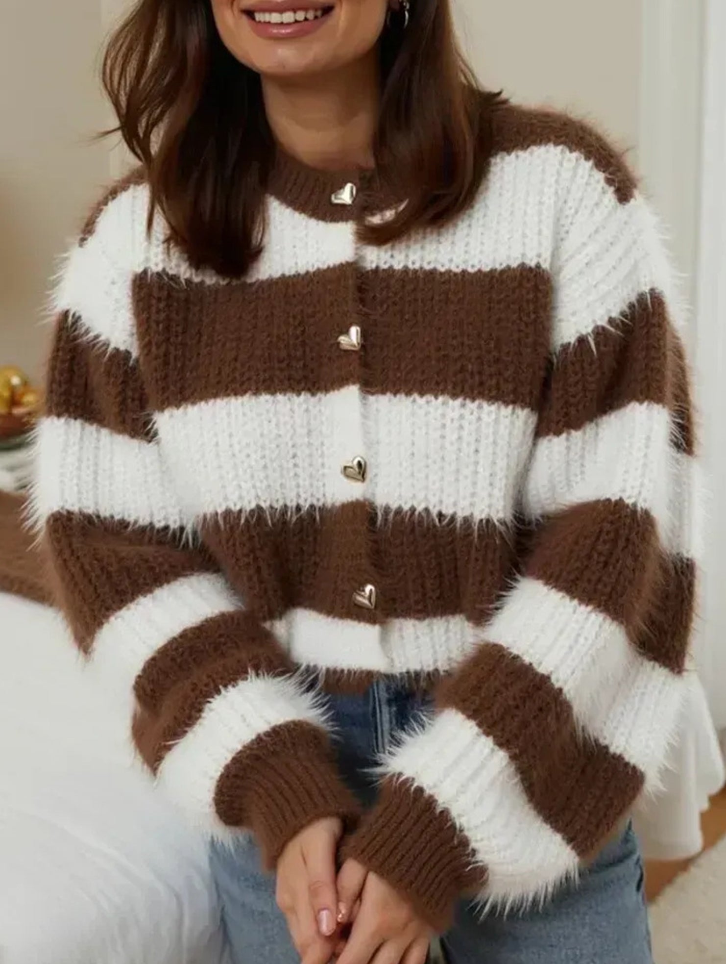 Crew neck striped knit cardigan