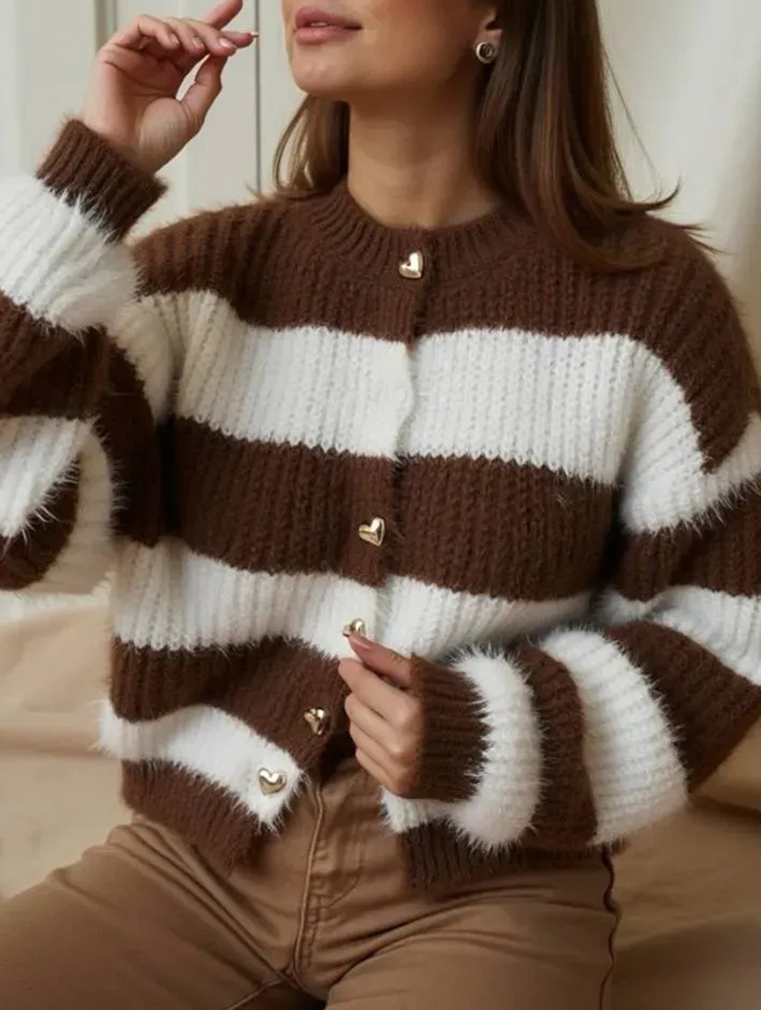 Crew neck striped knit cardigan