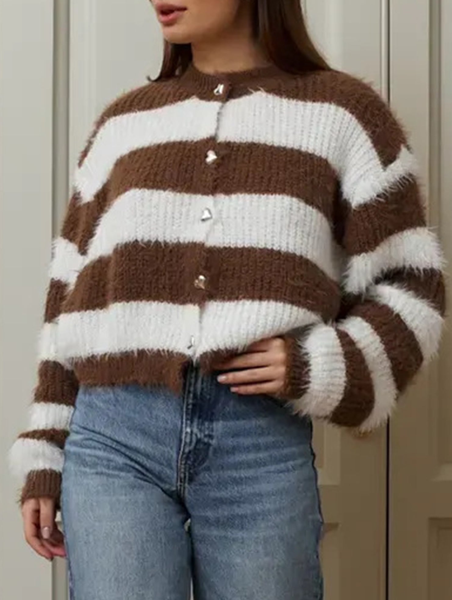 Crew neck striped knit cardigan